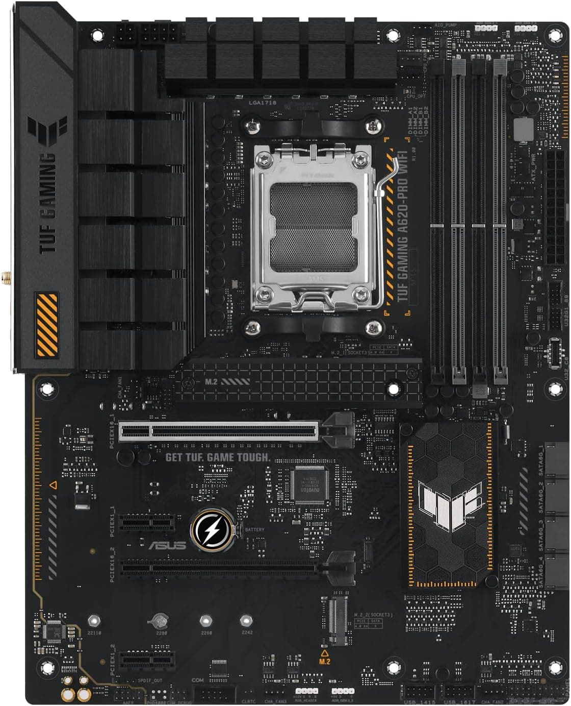 ASUS TUF Gaming A620-PRO Placa de base WiFi AMD A620 ATX (12 + 2 DrMOS, Wi-Fi 6, 2,5 Gb Ethernet, DP, HDMI, USB 3,2 Gen 1 Type-C, BIOS Flashback, cancelamento de Ruas Ido y Aura S ync), preto