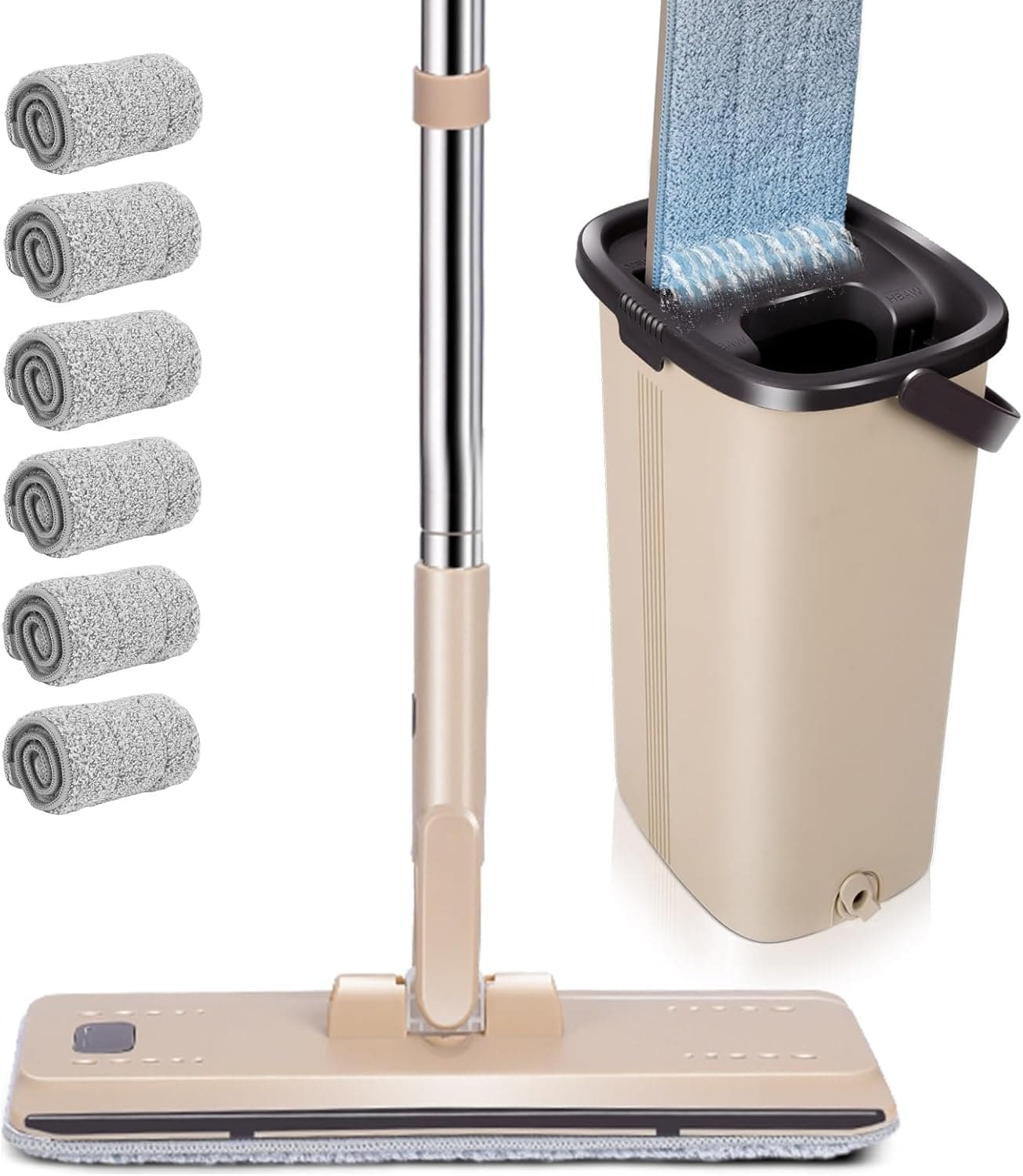 Masthome Conjunto de esfregona e balde, roupa plana de microfibra com cubo de compartimento duplo, esfregão de chão com 6 almofadas de microfibra reutilizável, para limpar todos os tipos de chão