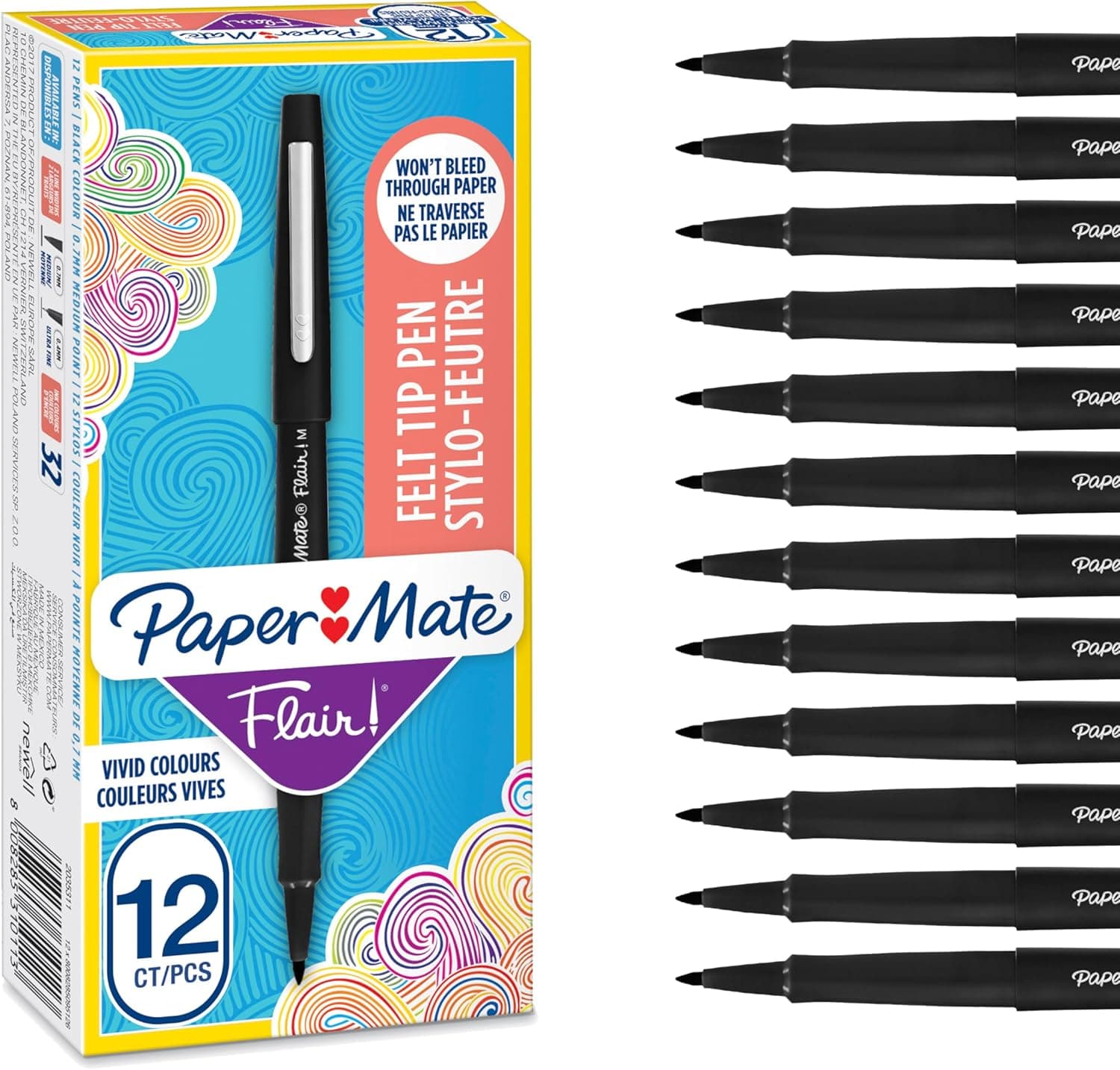 Paper Mate Flair marcador, ponta média de 0,7 mm, preto, caixa de 12