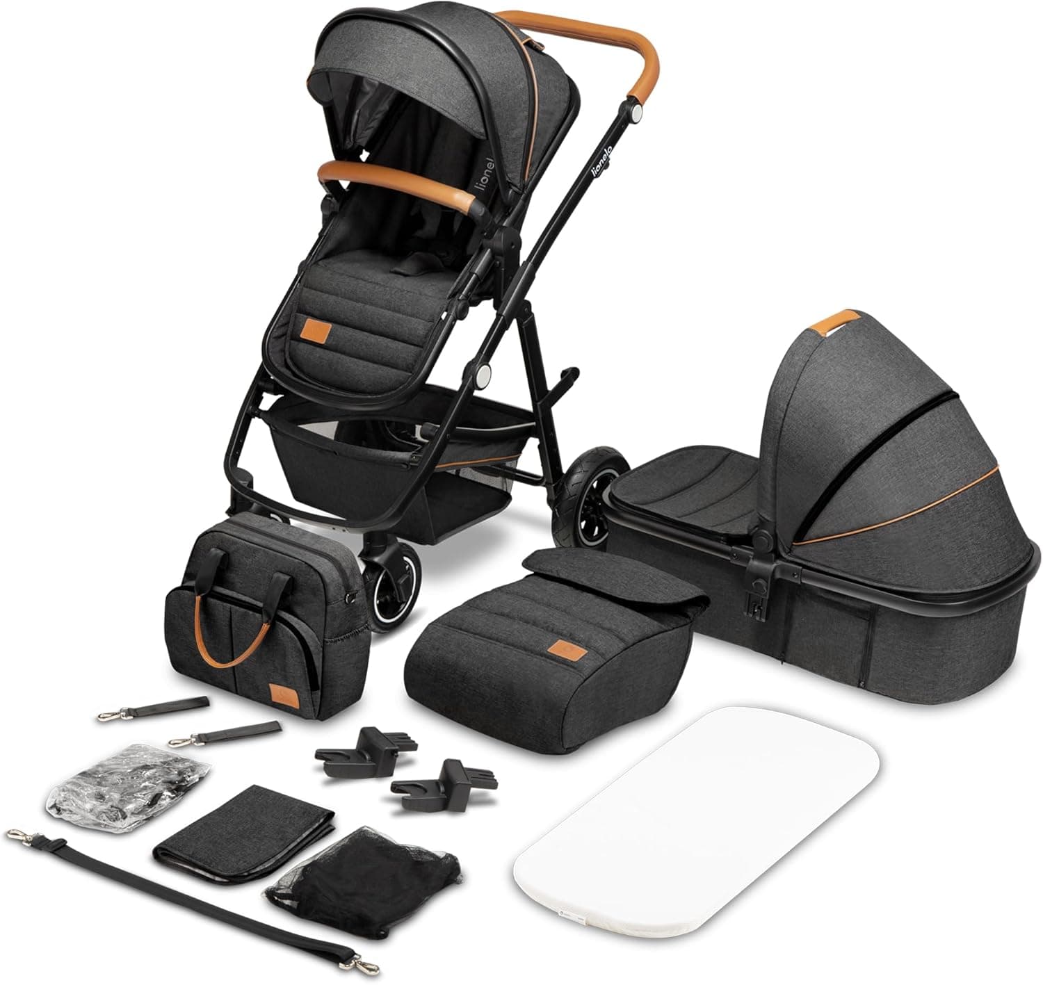 LIONELO Amber Carro de bebé multifuncional 2 em 1 conjunto carrinho de passeio com assento de cubo e tampa guiador ajustável bolsa mosquiteira protetor de chuva