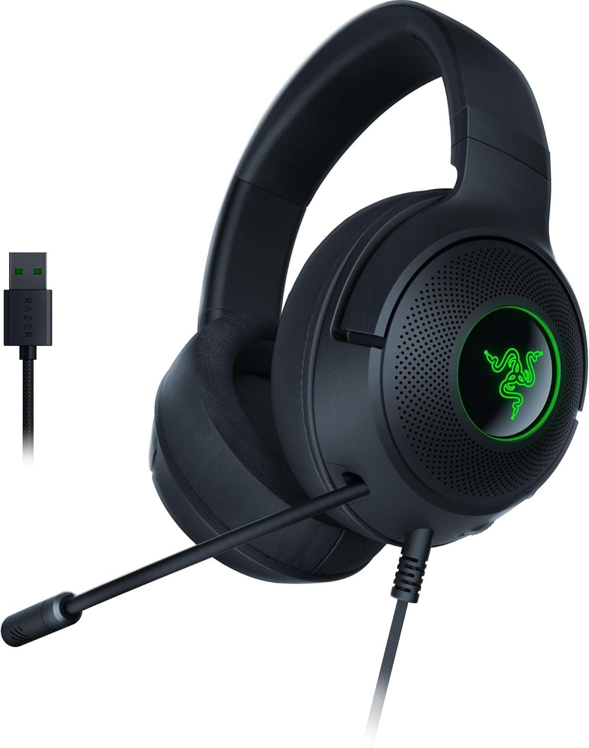Razer Kraken V3 X USB Auriculares para jogos com cabo USB (ultraleve de 285 g, triângulo de 40 mm, microfone cardióide HyperClear, som de envolvimento 7,1, cromo RGB)