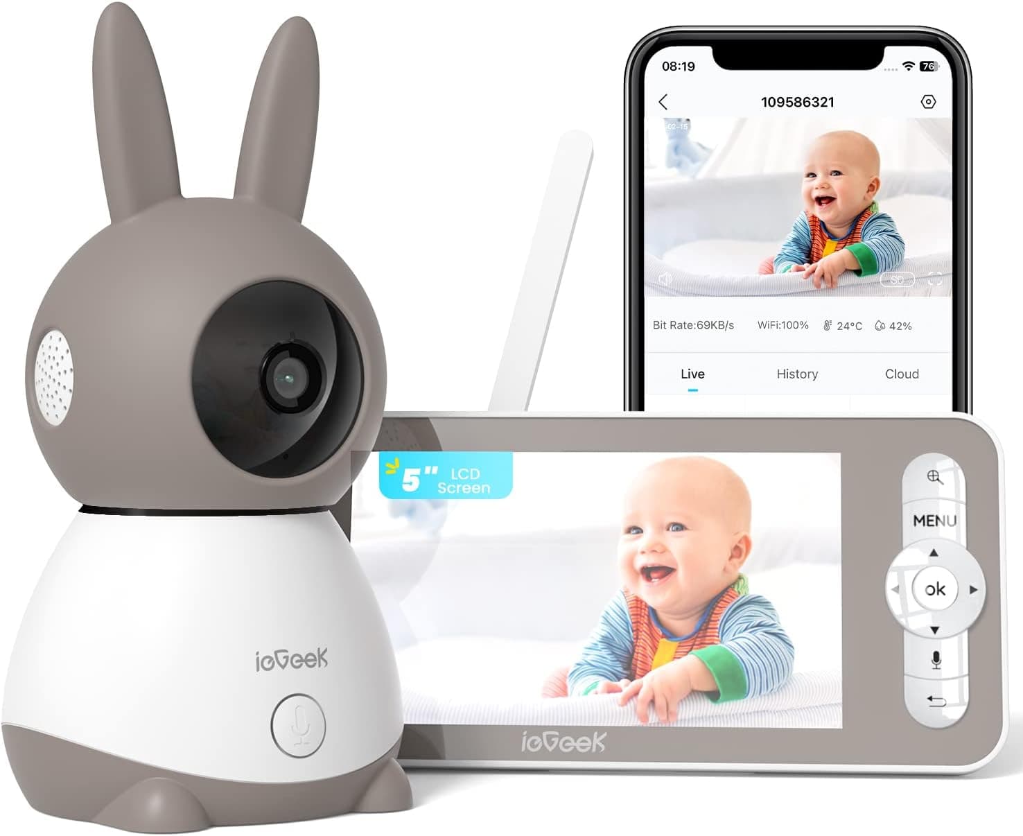 ieGeek 5" 2 K/3 MP, câmara de vigilância para bebé, 360° PTZ monitor para bebés com câmara e visualização dupla de ecrã, deteção de movimento, áudio de 2 vias, visão noturna, controlo de monitor 