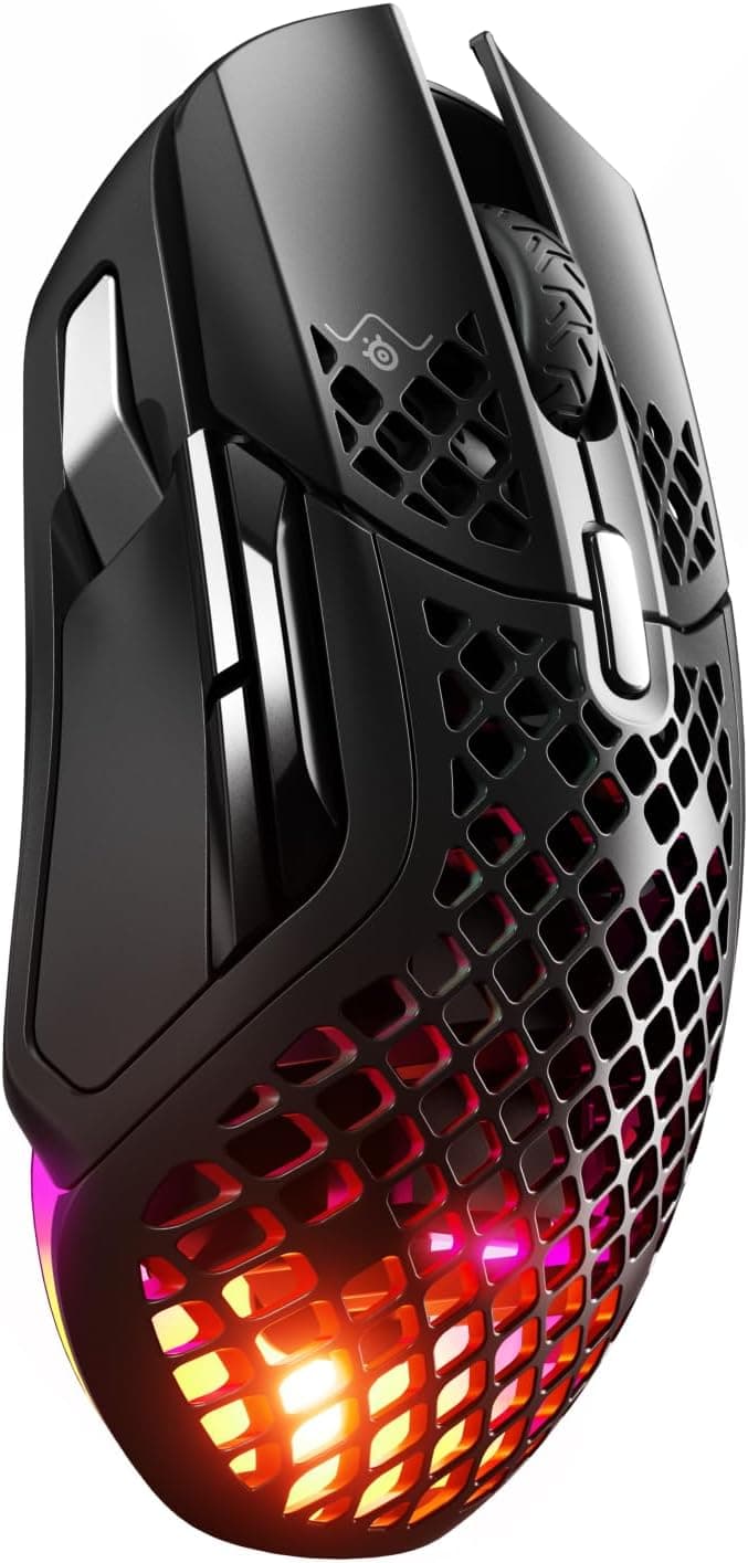 SteelSeries Aerox 5 Wireless Rato gaming perfurado RGB - design ultraleve resistente à água, 9 botões, Bluetooth/2,4 GHz, sensor ótico TrueMove Air 18K DPI