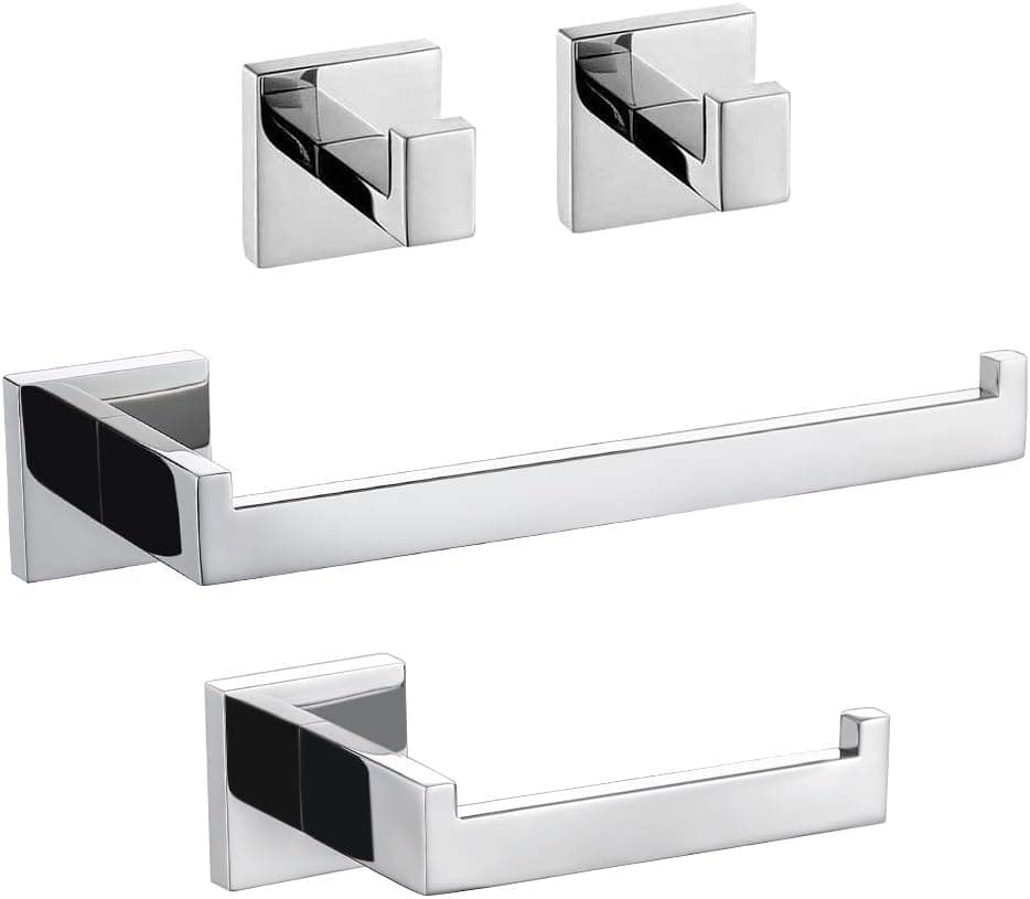 TURS Q7X4-P | Conjunto de 4 acessórios de casa de banho em aço inoxidável com suporte de papel higiénico, barra de toalha e ganchos de parede