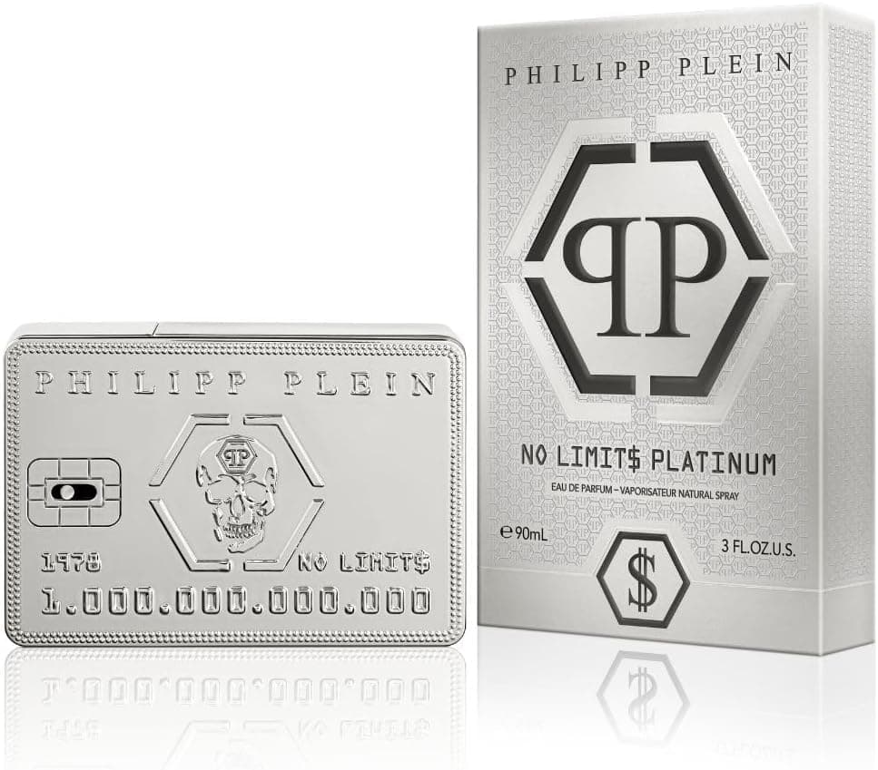 Philipp Plein Eau de Parfum No Limits Platinum 90 ml, perfume para homem, perfume de aroma Fougère, notas aromáticas, frasco platina exclusivo em forma de cartão