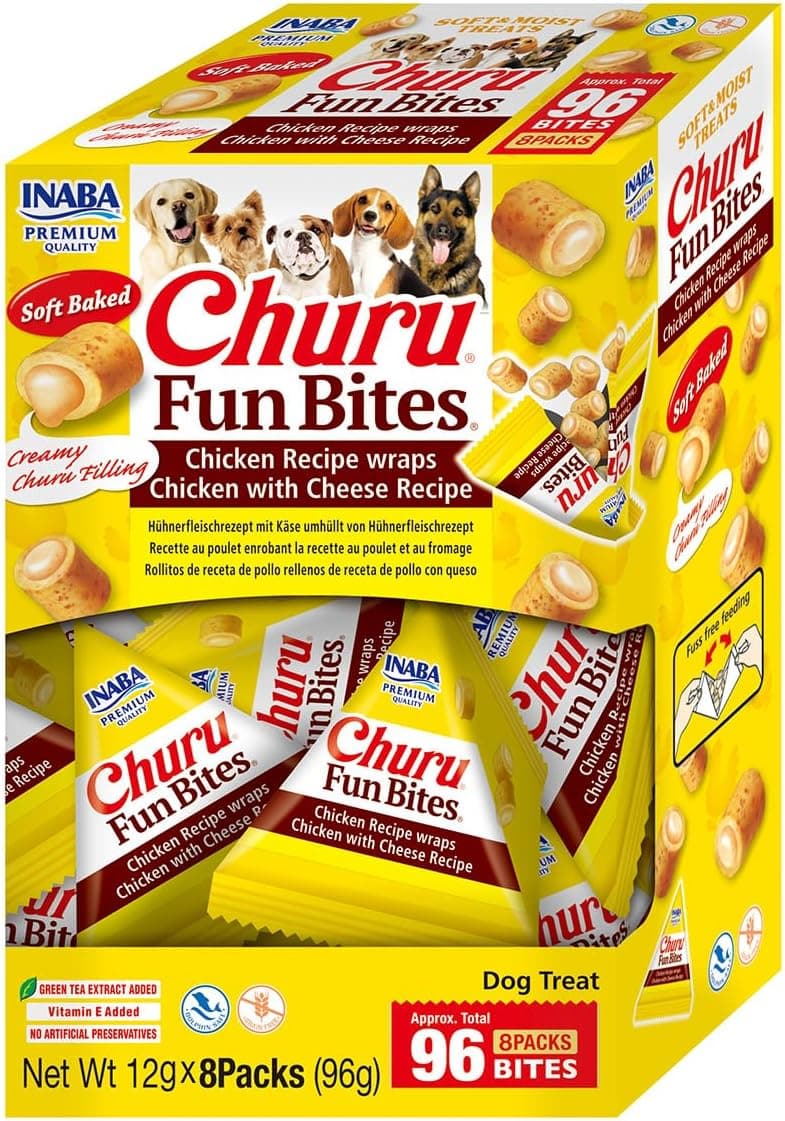 INABA Churu Fun Bites | Snack húmido para cão com frango queijo e atum rico em proteína embalagem com 8 unidades