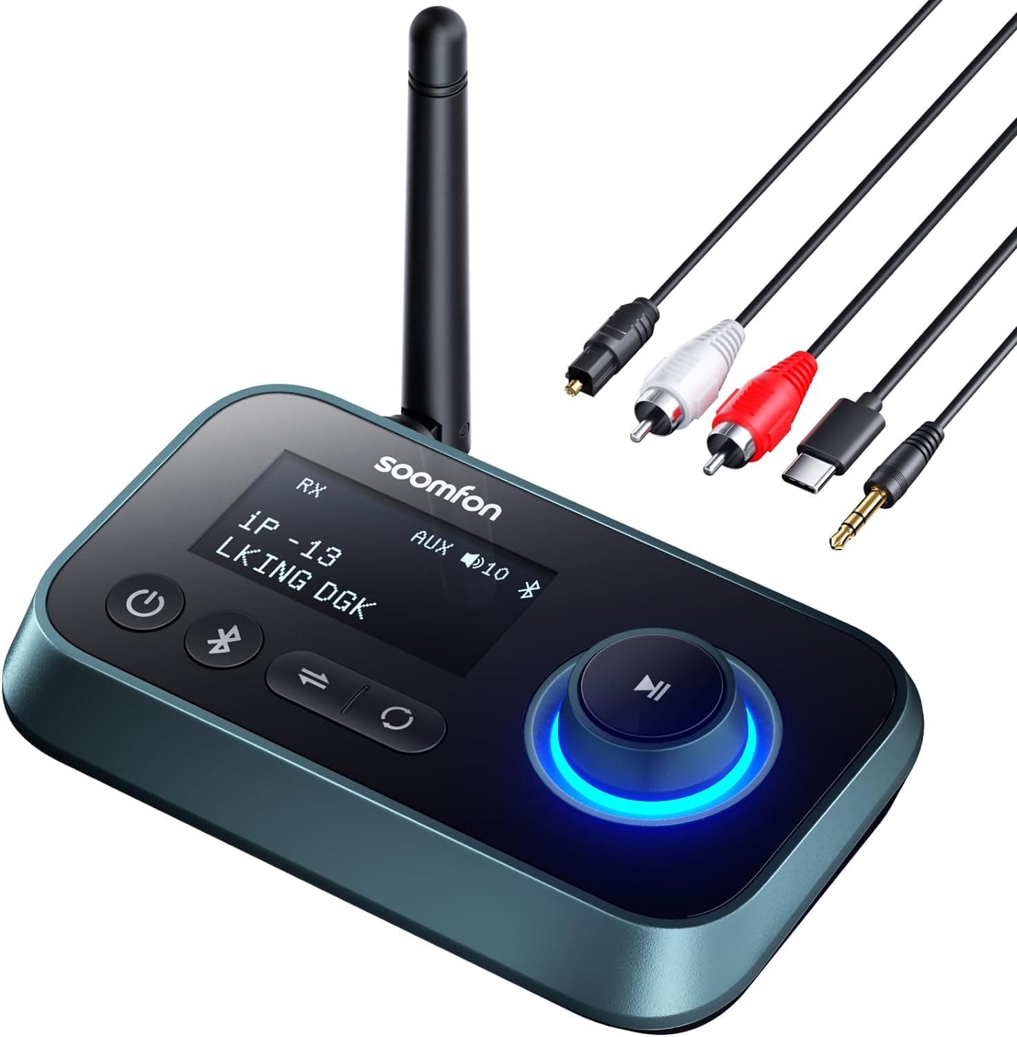 SOOMFON Transmissor recetor Bluetooth 5.0-3 em 1 adaptador emissor de áudio Bluetooth com ecrã LCD para TV, estéreo, auriculares, altifalantes, recetor Bluetooth áudio com Aux 3,5 mm, RCA, cabo ótico