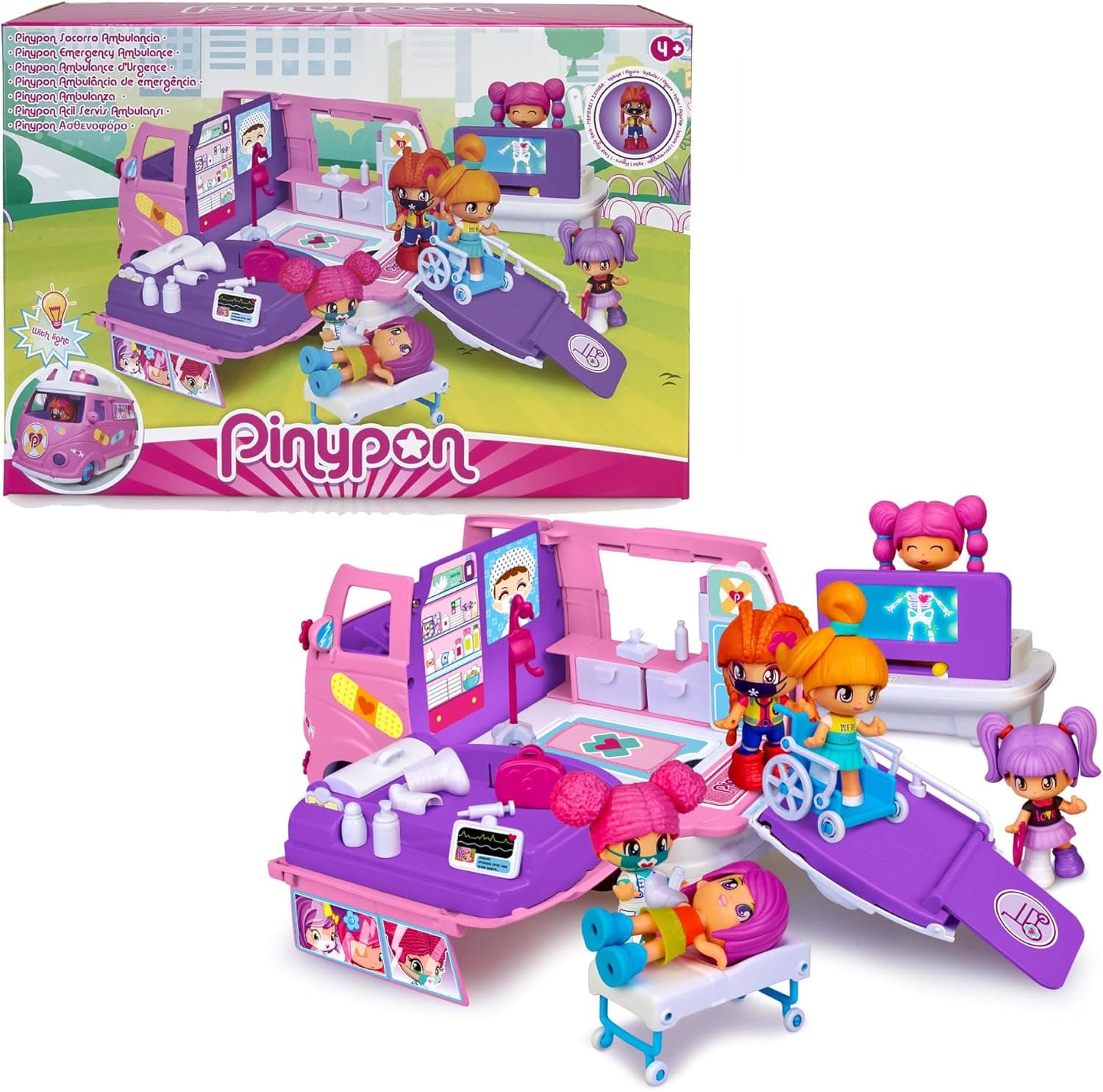 Pinypon - Socorro ambulância, para levar os Pinypons para o hospital, equipado com luzes de sereia, raios x com luz e mais acessórios, inclui a figura do motorista, famosa (PNY36000)versão atual