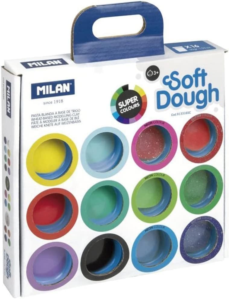 Pasta 16 frascos, 30 g, massa macia Soft Dough MILAN® cores sortidas (incl. Neon e Glitter)