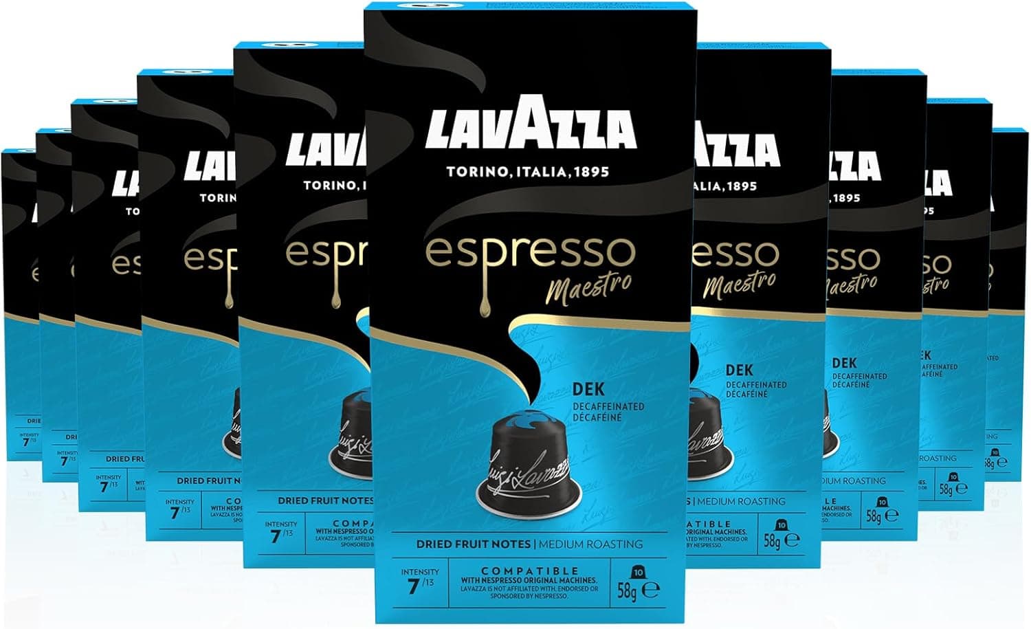 Lavazza, Espresso Maestro Dek, 100 cápsulas de café descafeinado compatíveis com máquinas nespresso , notas de frutas secas e chocolate, árabe e robusta, intensidade 7, torção média, Amazon Exclusive