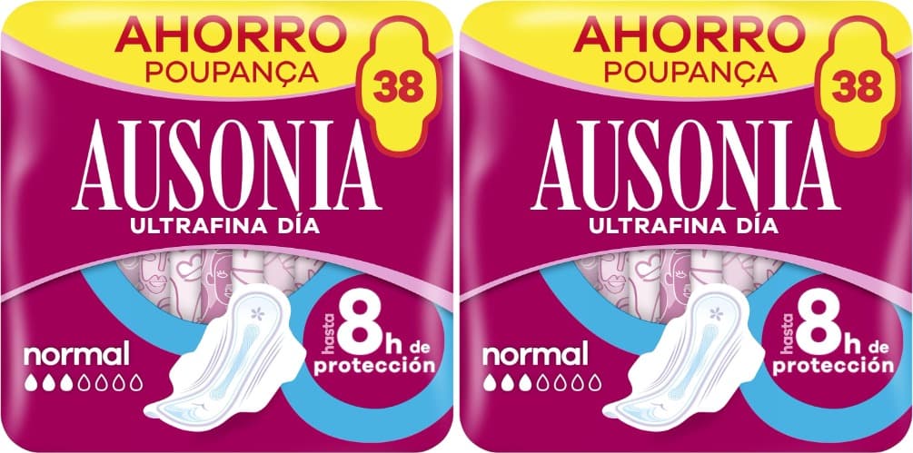 Ausonia Compressas ultra-finas normais com asas, 38 unidades, para um fluxo leve e normal e proteção da regra durante o dia, até 8 horas de proteção