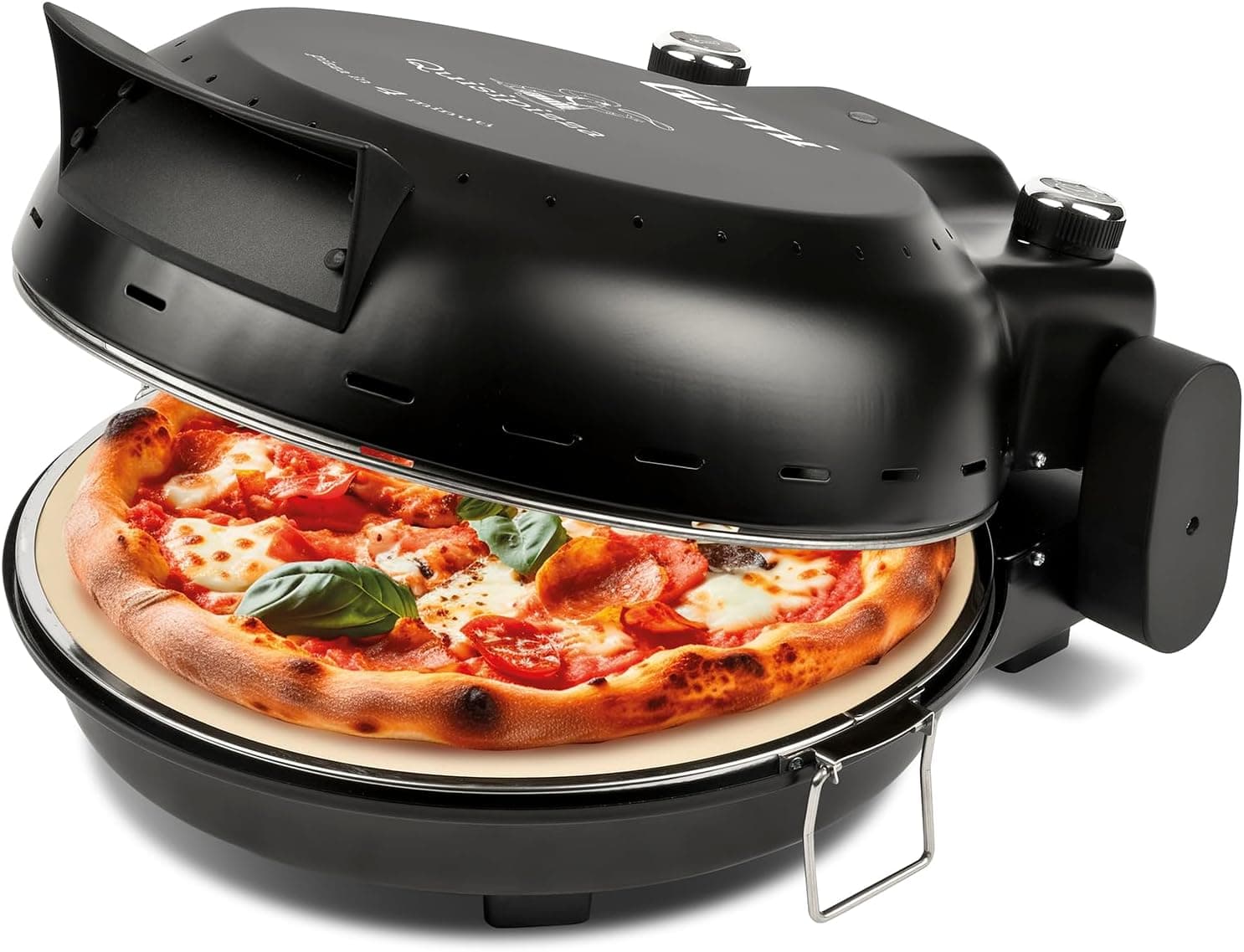 Girmi FP50 Forno para pizza Quisipizza, 1800 W, 420°C, paredes frias, pedra refratária removível de 31 cm, temporizador, dupla resistência, livro de cozinha incluído, preto