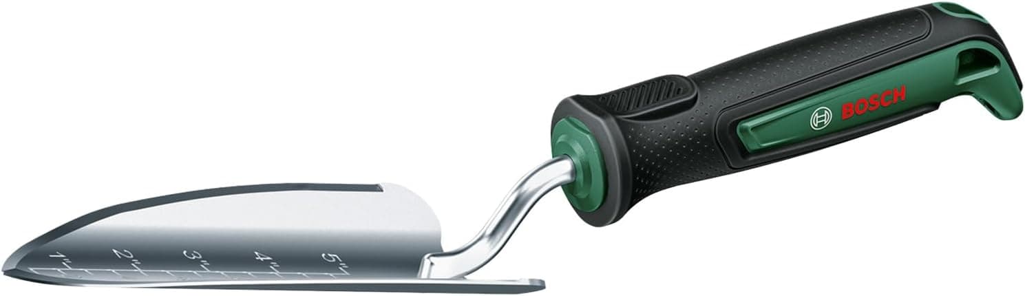 Bosch pá para plantar de jardim (para plantar e transplantar, medir a profundidade do solo para bulbos, robusta, aço inoxidável, cabo gomado, design ergonómico)