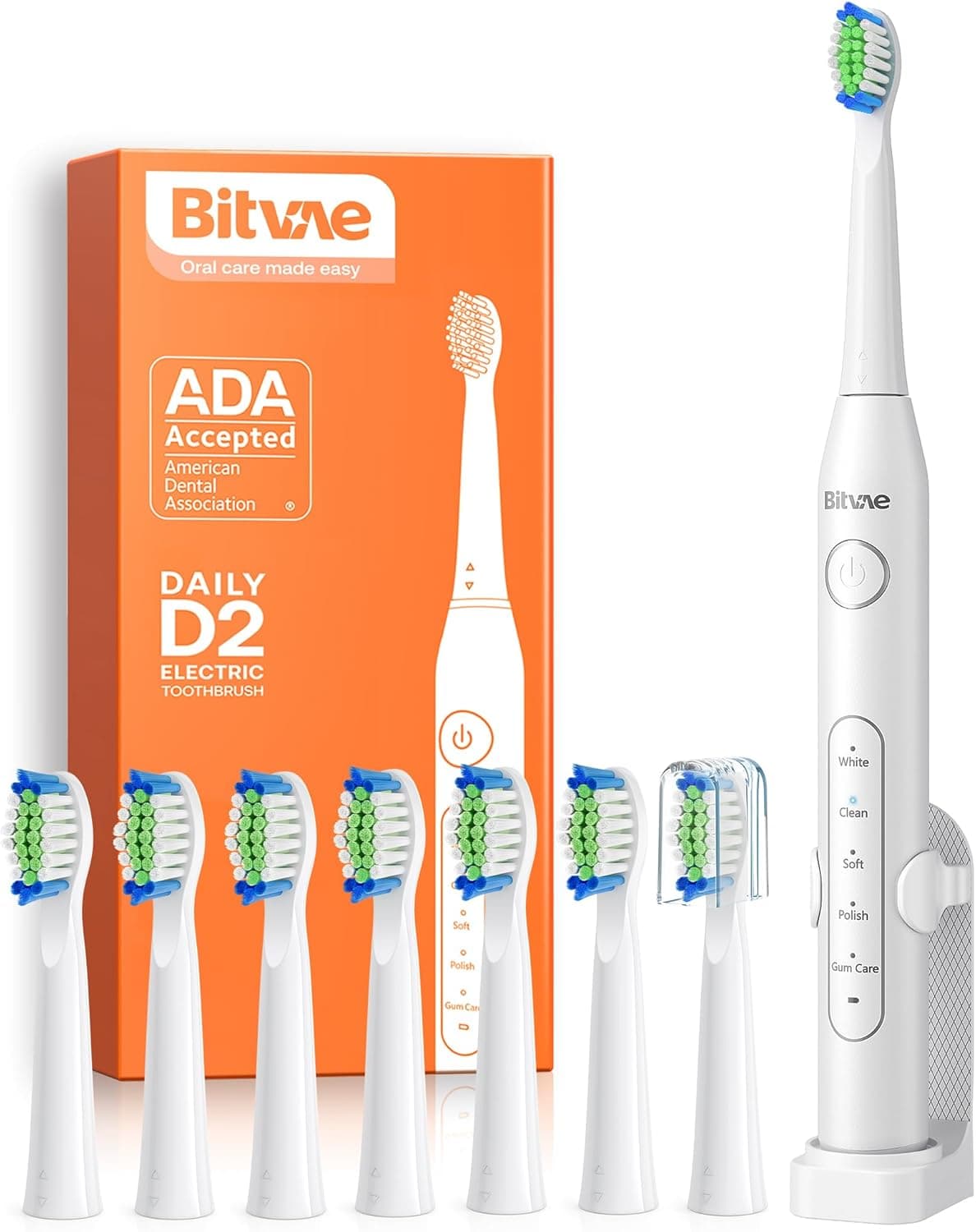 Bitvae D2 Escova de dentes elétrica sónica para adultos e crianças, escova de dentes elétrica ultra-sónica recarregável, 8 cabeças e 5 modos, branco