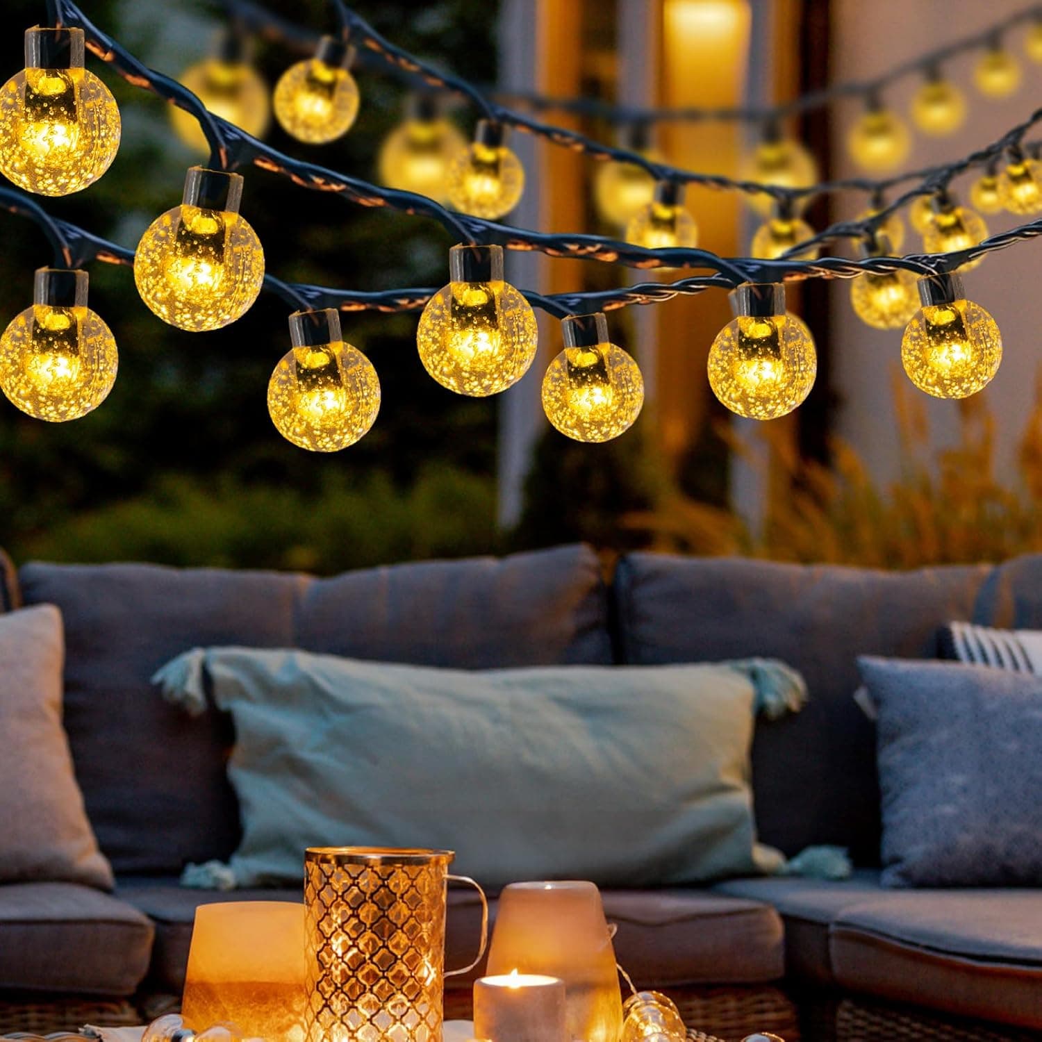 Guirlandas luzes solares exteriores, 12 m, 60 LED, grinalda de luzes solares, IP65, impermeável, 8 modes, função de memória corrente de luz solar para jardim, pátio, festa, terraço (branco quente) 