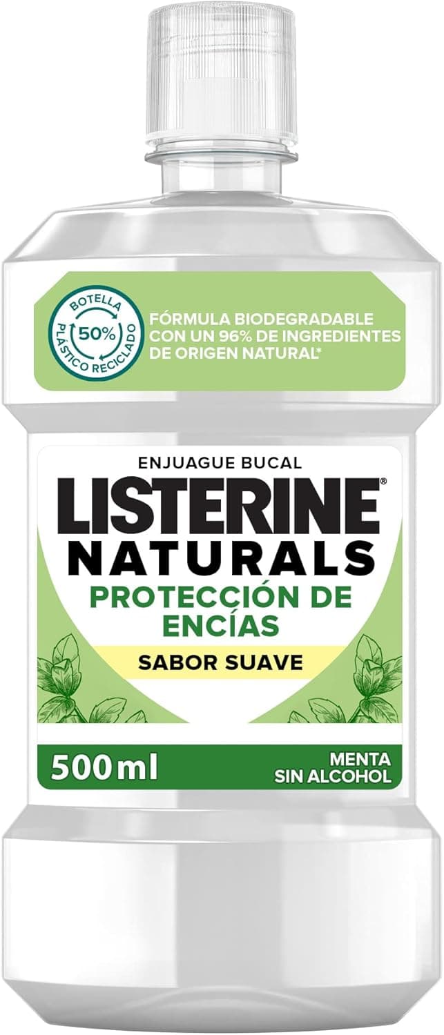Listerine Naturals (500 ml), lavagem bucal sem álcool sabor menta, colutório bucal que protege as gengivas, elixir bucal com fórmula biodegradável e ingredientes naturais