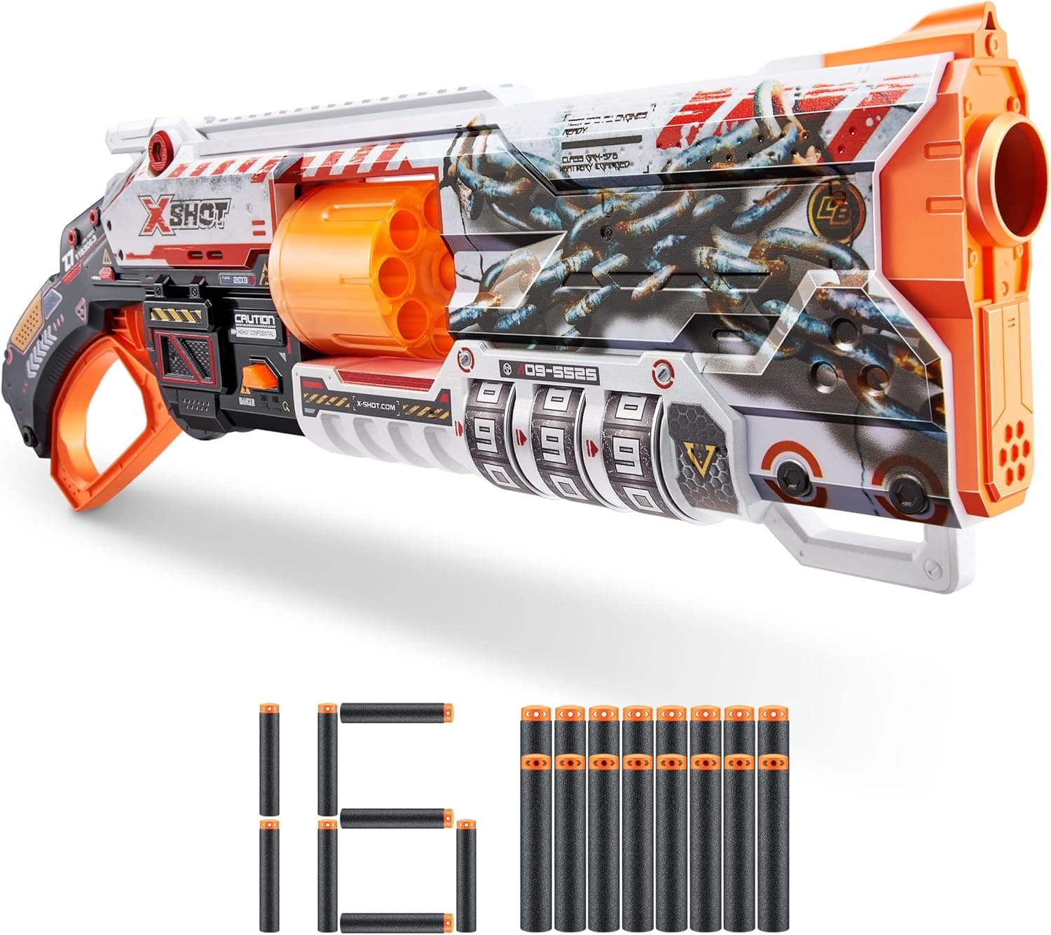 XSHOT Skins Lock | Lançador de espuma com barril giratório, mecanismo de bloqueio e 16 dardos para crianças