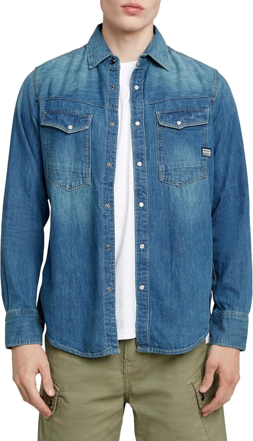 G-Star Dakota Slim | Camisa masculina azul em algodão com corte justo e bolsos com fecho de pressão