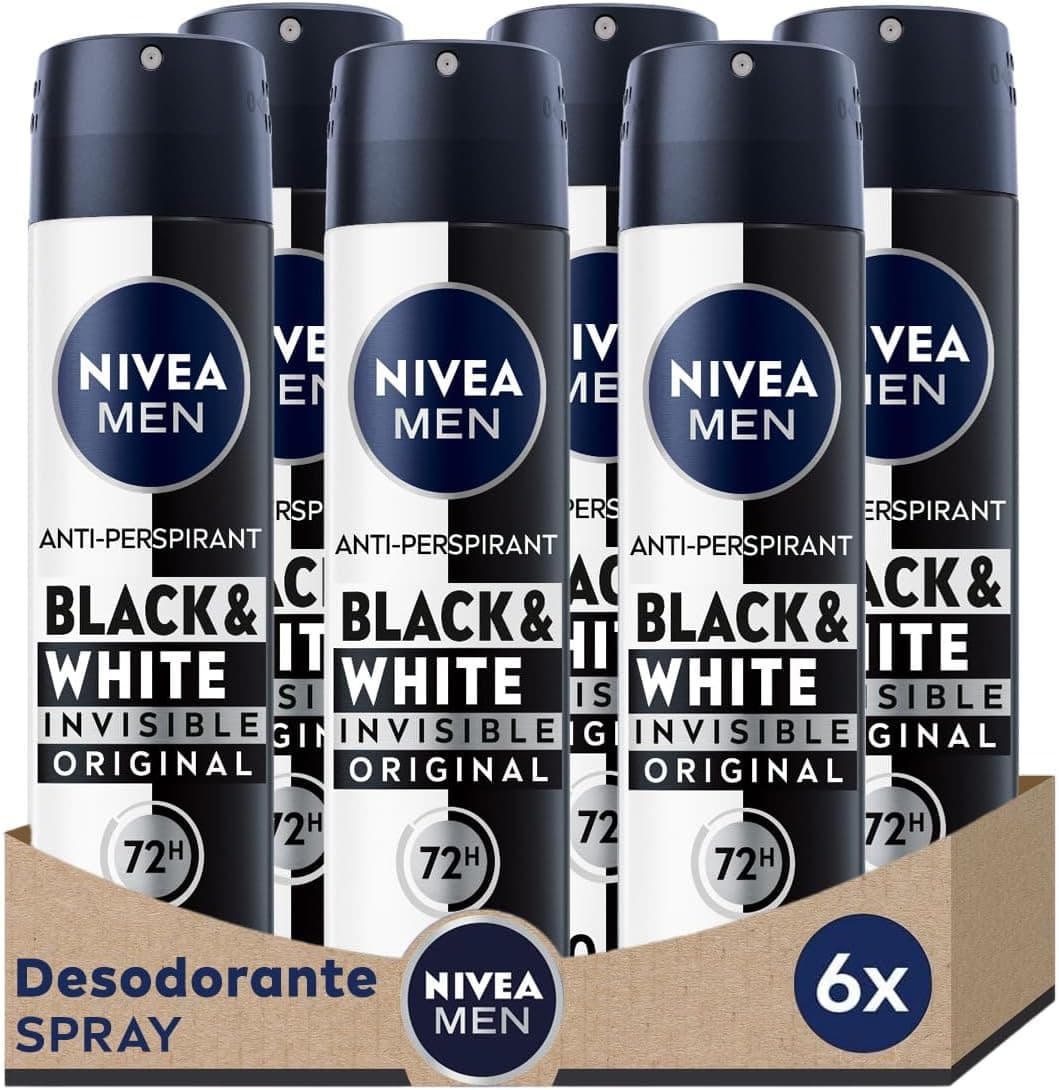 NIVEA MEN Black & White Invisible Original | Pack de 6 desodorizantes spray antimanchas 72 horas, 200 ml cada