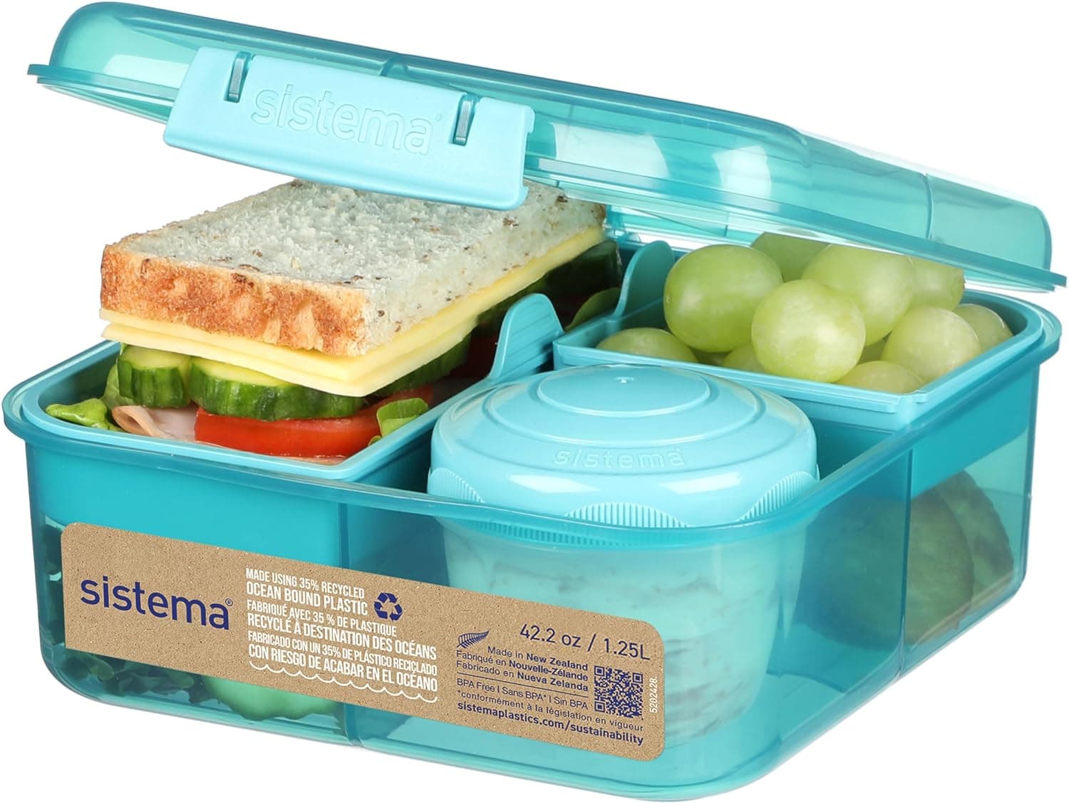 Sistema TO GO Lancheira bento | Lancheira com frasco para iogurte ou fruta, 1,25 l | Fabricado com plástico reciclado, verde pedra