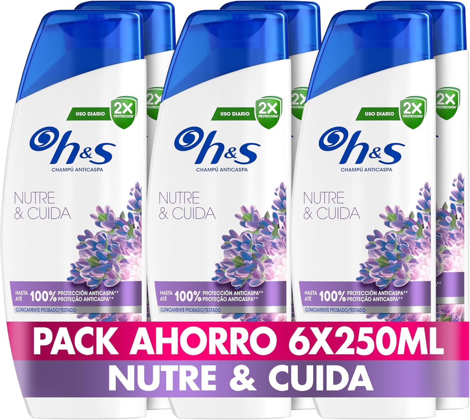 H&S Nutre e cuidado champô anti-caspa 250 ml para uso diário. Até 100% de proteção anti-caspa