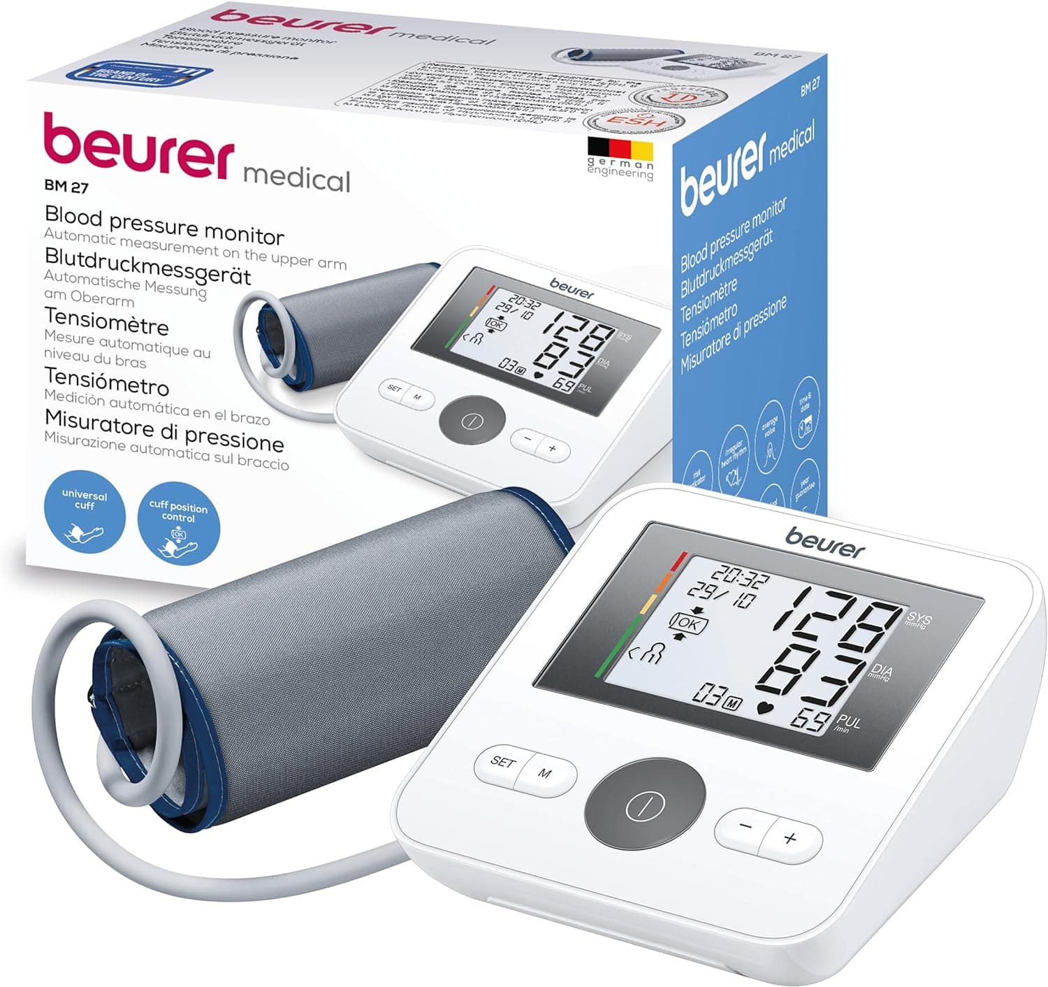 Beurer BM 27 Tensiómetro de braço digital com controlo de ajuste do manípulo, pulseira de 22 - 42 cm, indicador de risco, deteção de arritmias, mensagem em caso de erros de aplicação