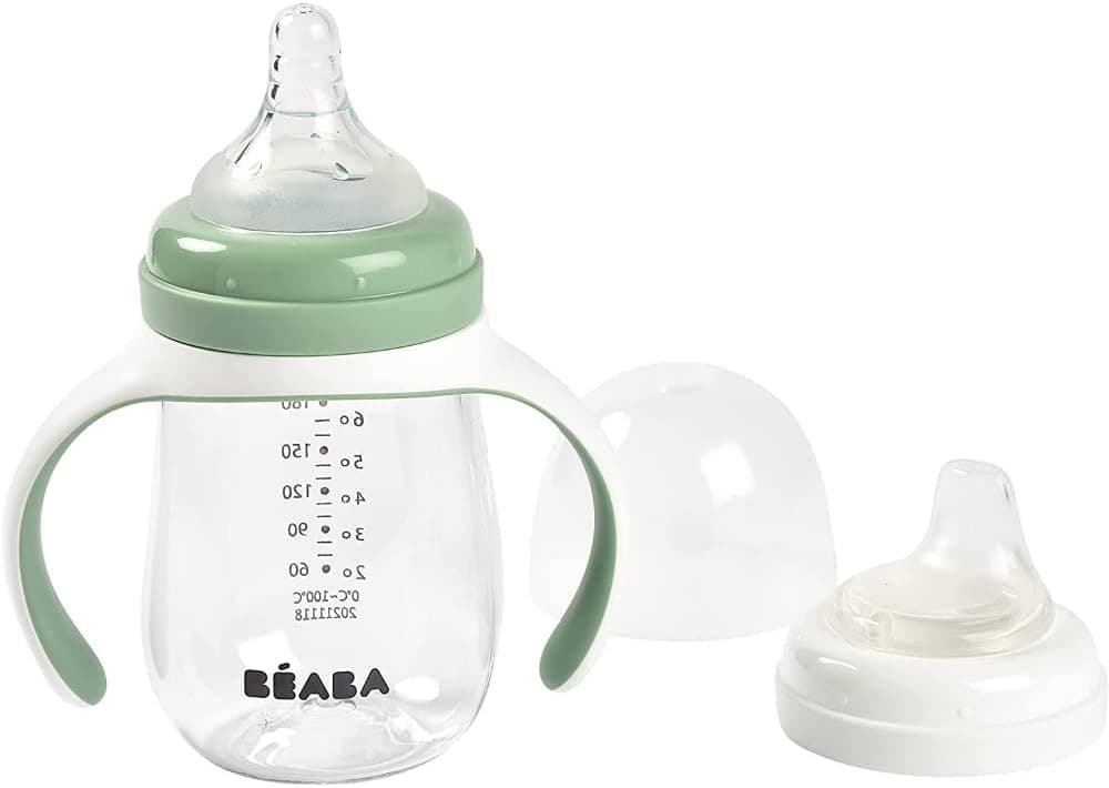 BÉABA - Caneca de aprendizagem com para bebé - 100 % hermético - caneca anti-gotejamento com palhinha - Antiderrame - 2 em 1 - Alças removíveis - resistente - Tritan/silicone - 210 ml - verde