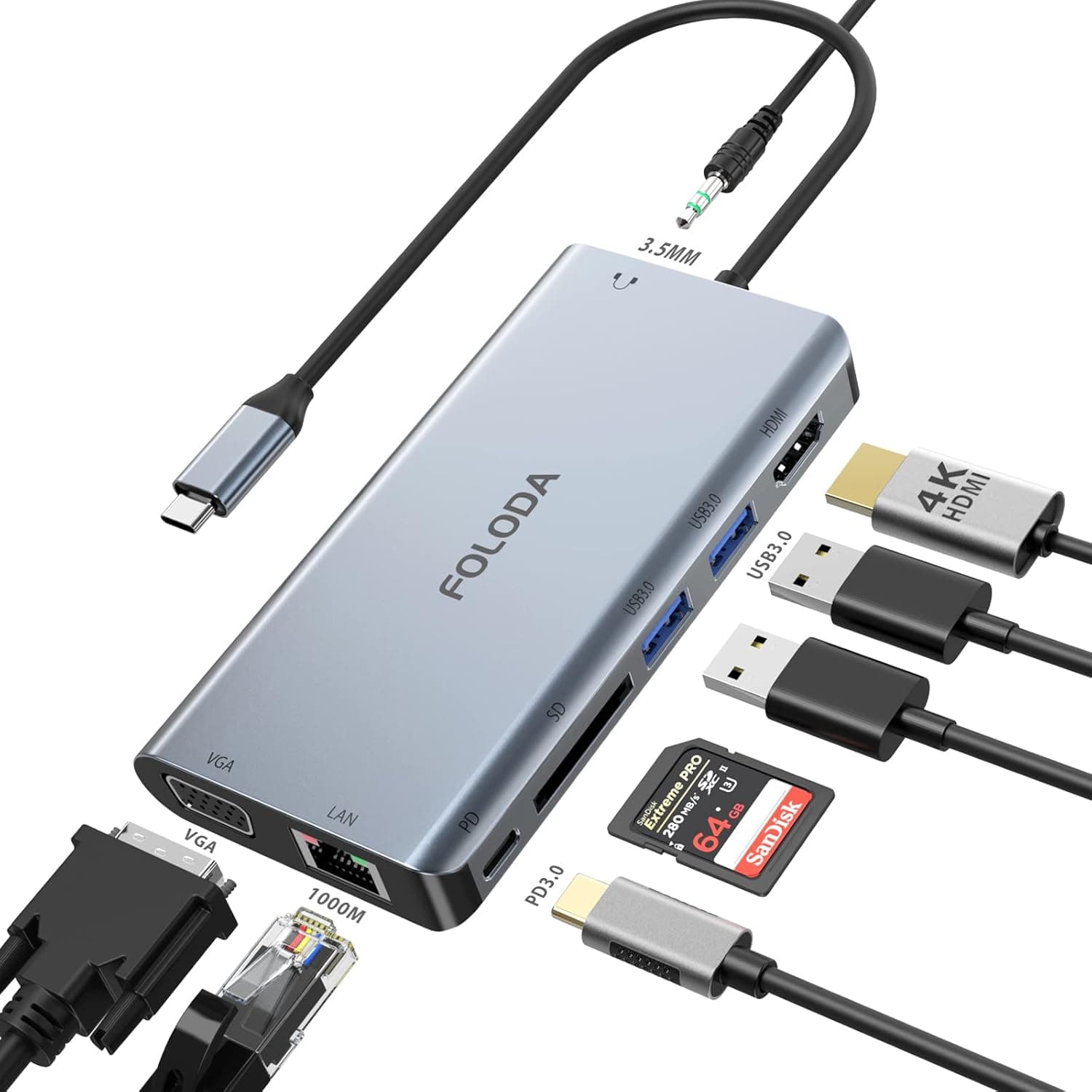 FOLODA PK118 | Docking station USB-C com HDMI 4K VGA Ethernet leitor de cartões USB 3.0 e carregamento 100 W compatível com portátil