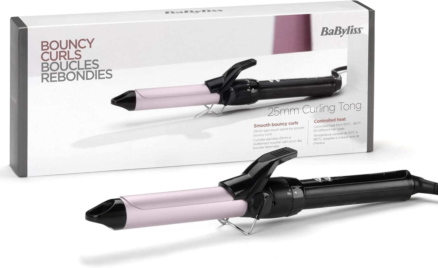 BaByliss C325E Tenacilha de cabelo de 25 mm, 10 configurações de temperatura, modelador de cabelo, cabo rotativo profissional, revestimento Sublim Touch com ponta fria de aderência, cor preta / rosa