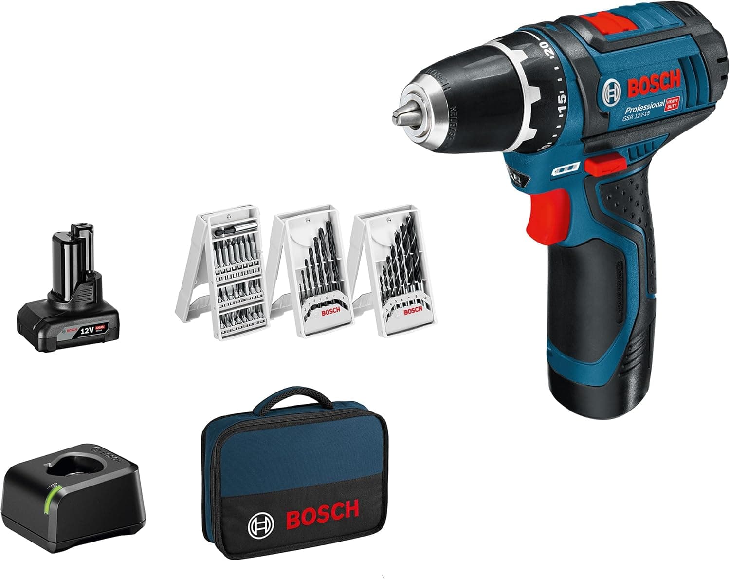 Bosch Professional GSR 12V-15 | Aparafusadora a bateria com 2 baterias, 39 acessórios e mala de transporte