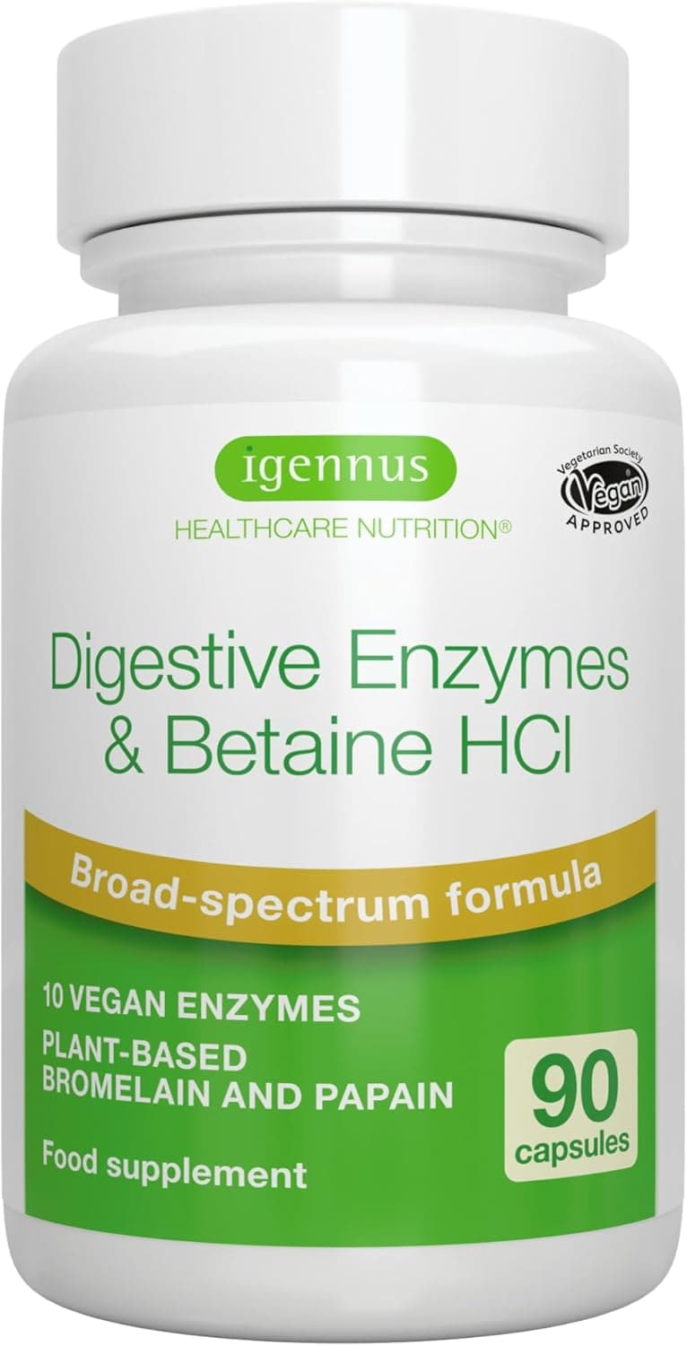 Enzimas Digestivas com Betaína HCl e Bromelina, 10 Enzimas veganas que incluem Papaína e Lipase, cloridrato de Betaína, suplemento de etiqueta limpa, 90 cápsulas, de Igennus