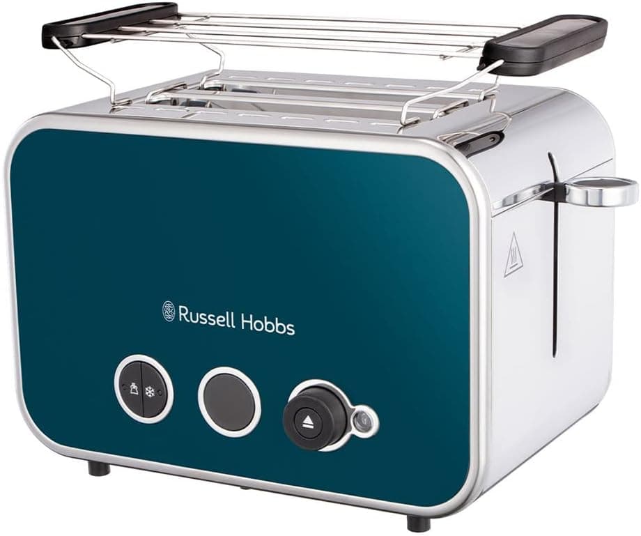 Russell Hobbs Torradeira Distinctions, 2 ranhuras curtas e largas, torradeira para 2 fatias, aquece pãezinhos, função cancelar, reaquecer e descongelar, aço inoxidável, azul, 26431-56