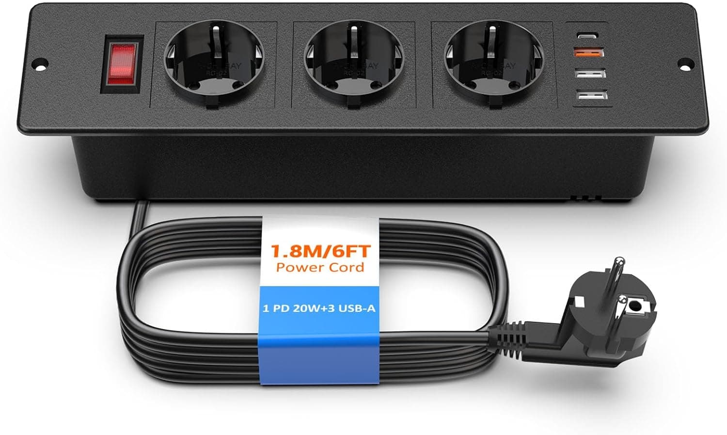 Ohuo Recessed Power Strip | Múltipla embutida com 3 tomadas e 4 entradas USB incluindo USB-C PD 20W, preto/branco