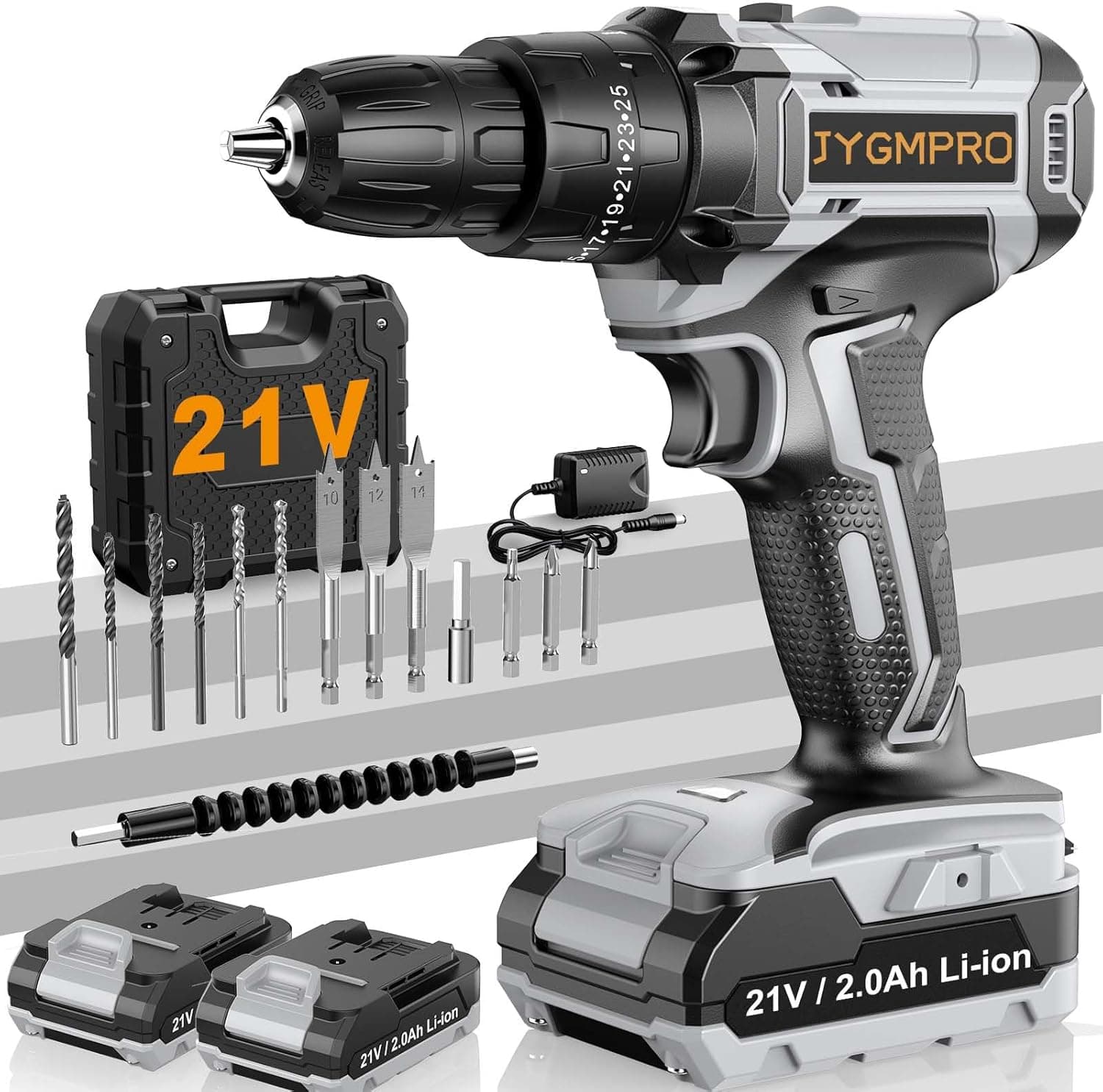 JYGMPRO Broca Percutor a bateria 21 V, broca parafuso bateria com 2 x 2,0 Ah baterias, parafuso elétrico 42 Nm, 25 + 3 ajuste de par, 2 velocidades, 14 acessórios, para casa, bricolagem, cinzento
