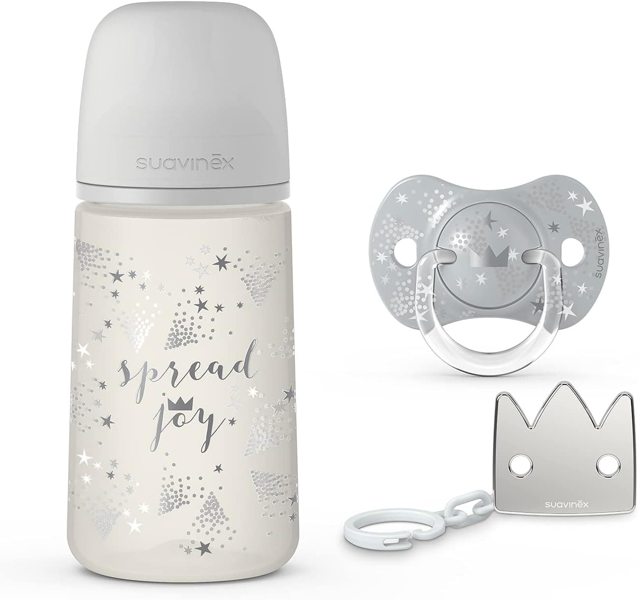 Suavinex, Pacote Recém Nascido Sx Pro 0-6 Meses. Contém: Biberão anticólico de 270 ml, fluxo médio, chupeta, étina física, Sx Pro, em silicone, corrente de chupeta. 3 produtos