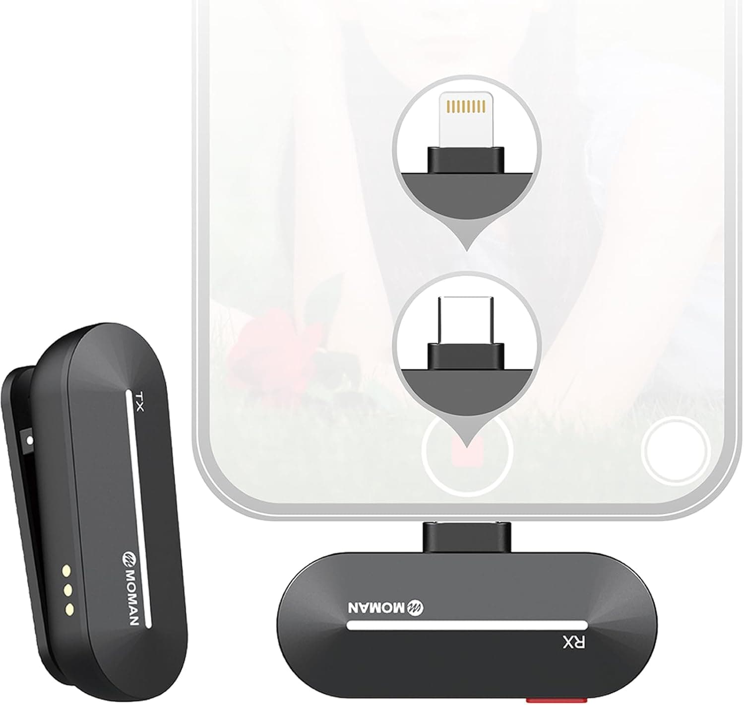 Moman Microfone sem fios para iPhone, CP1 (A) 2,4 GHz Wireless micro para telemóvel com interface Lightning para Youtube/Vlogging/Live Streaming, microfone sem fio-iPad-iPhone