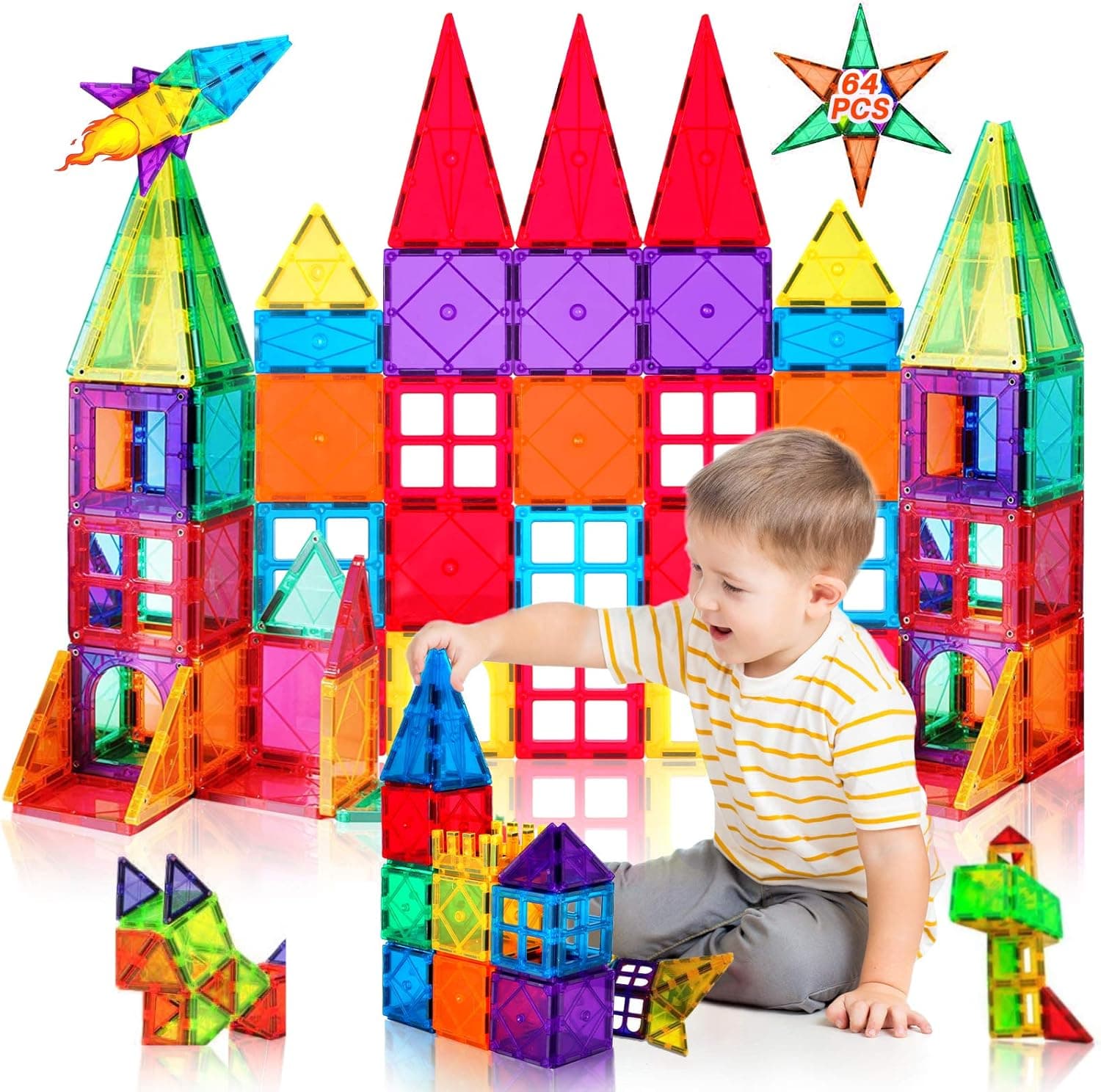 Katiago Blocos de construção magnéticos 64 peças 3D brinquedos de construção magnética crianças Stem criatividade brinquedos educativos presentes para idosos de 3 anos (64 psc)