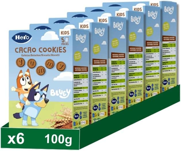 Hero Solo Bluey | Biscoitos infantis de cacau com cereais integrais e sumo de uva, fonte de fibra, 6 unidades de 100 g
