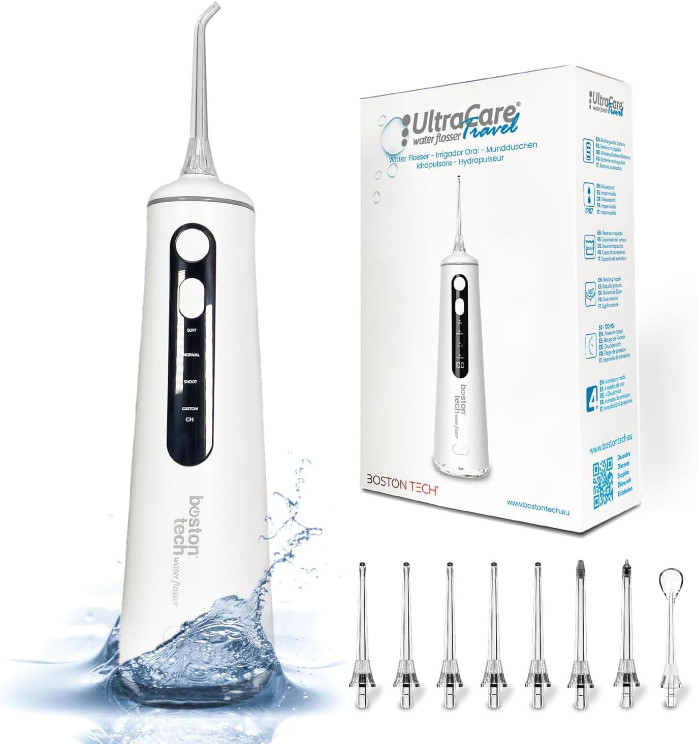 Aquapik® Travel Irrigador dentário portátil UltraCare | Elimina a placa recomendada por dentistas Cuide dos seus implantes e ortodontia | 8 bicos + 4 modos de uso + tanque 300 ml (branco)