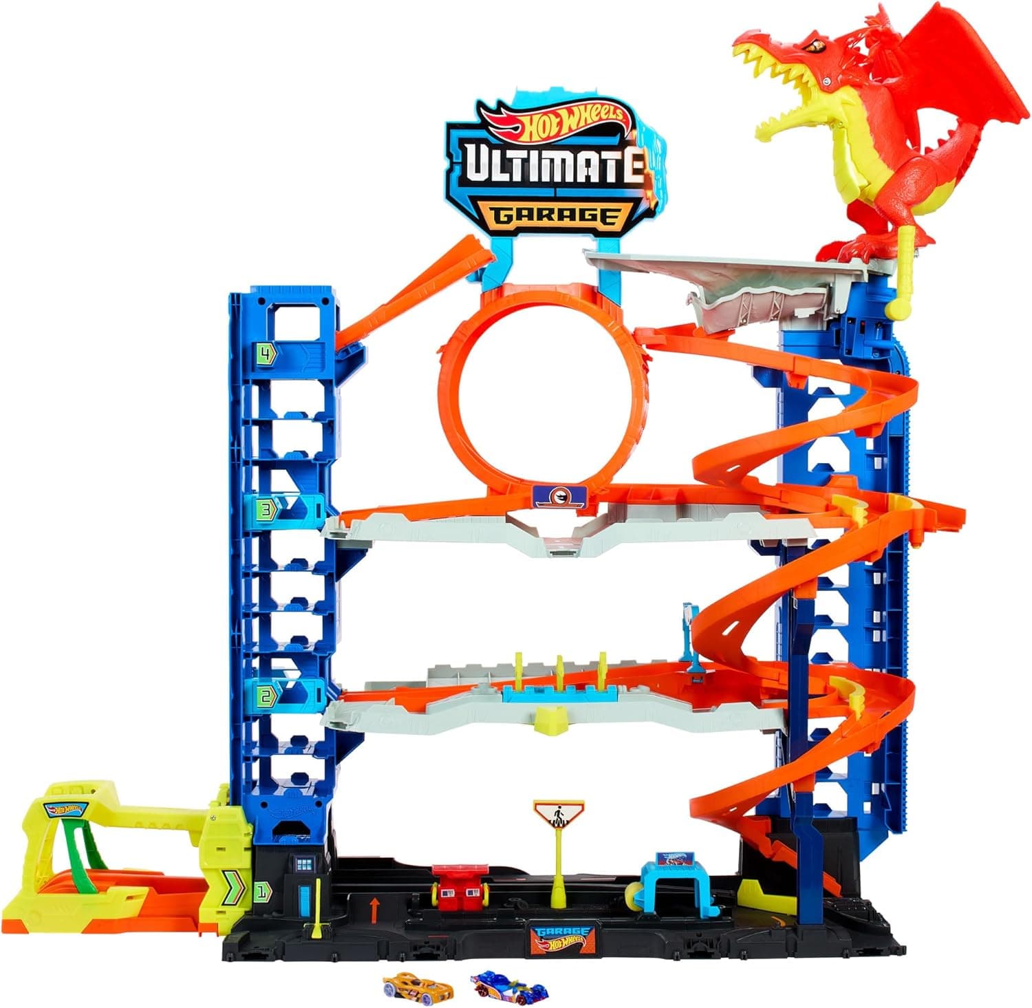 Hot Wheels City "Let's Race - a correr!" Netflix Garagem definitiva pista para carros de brinquedo com dragão e 4 níveis, inclui 2 veículos, + 4 anos (Mattel HKX48)