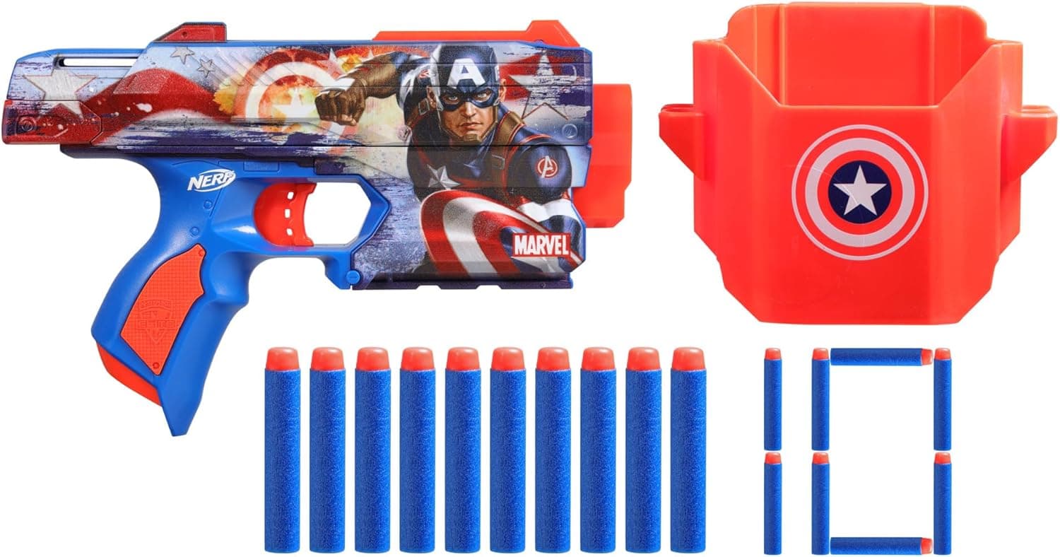 Nerf Marvel Captain America | Lançador de espuma com 10 dardos e funda para crianças a partir dos 8 anos
