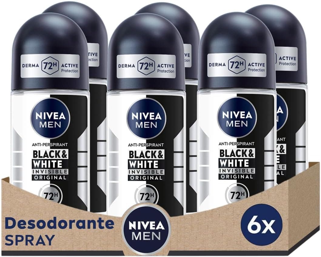 NIVEA MEN Black & White Invisible Original | Desodorizante roll-on antimanchas para homem pack de 6 x 50 ml