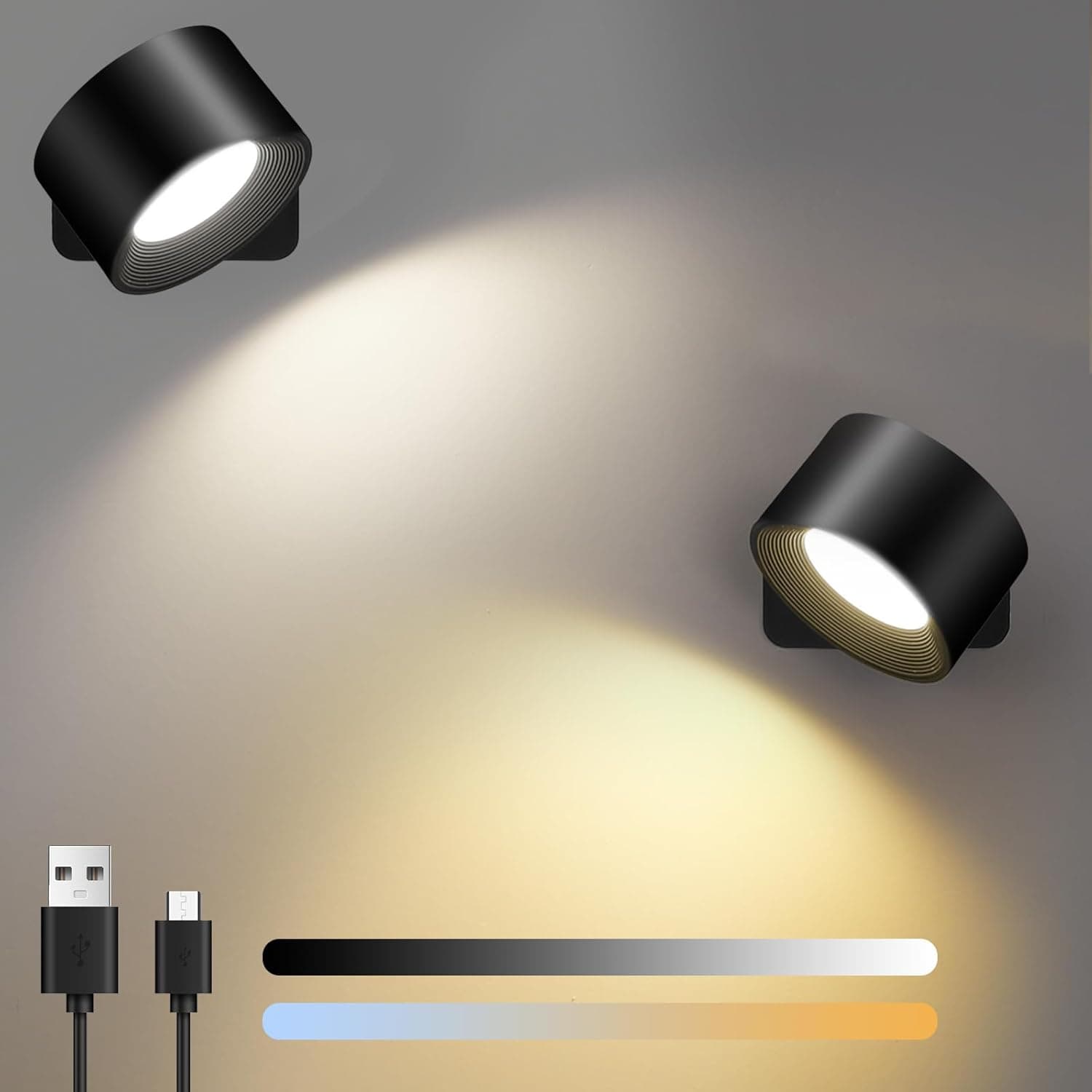 Birnetek Aplique parede interior 2 peças, LED candeeiro de parede com bateria, candeeiro de parede sem cabo atenuável, controlo tátil, para quarto escadas casa de banho sala de estar (preto)