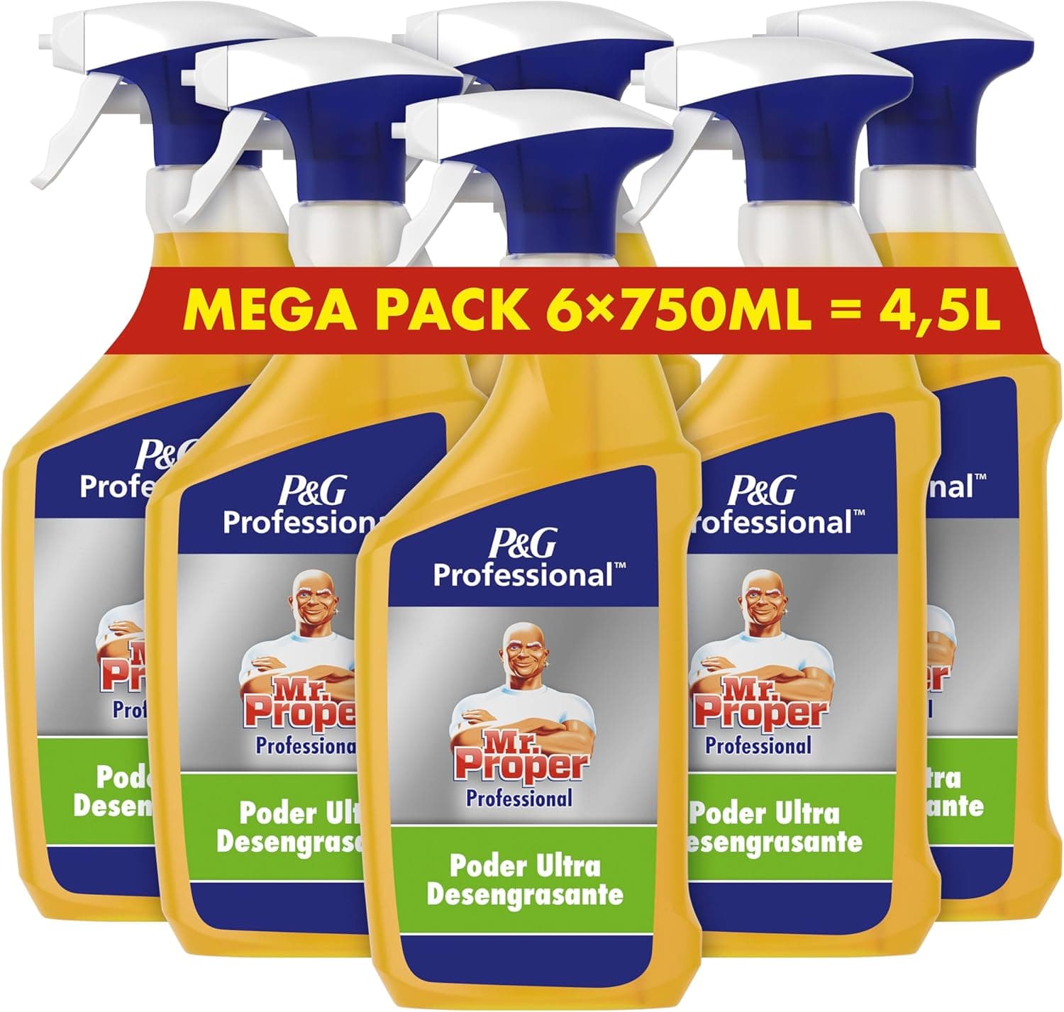 Mr Proper Professional, limpador em spray, desengordurante intensivo, 4,5 L (6 x 750 ml), elimina até 100 % da gordura das cozinhas profissionais