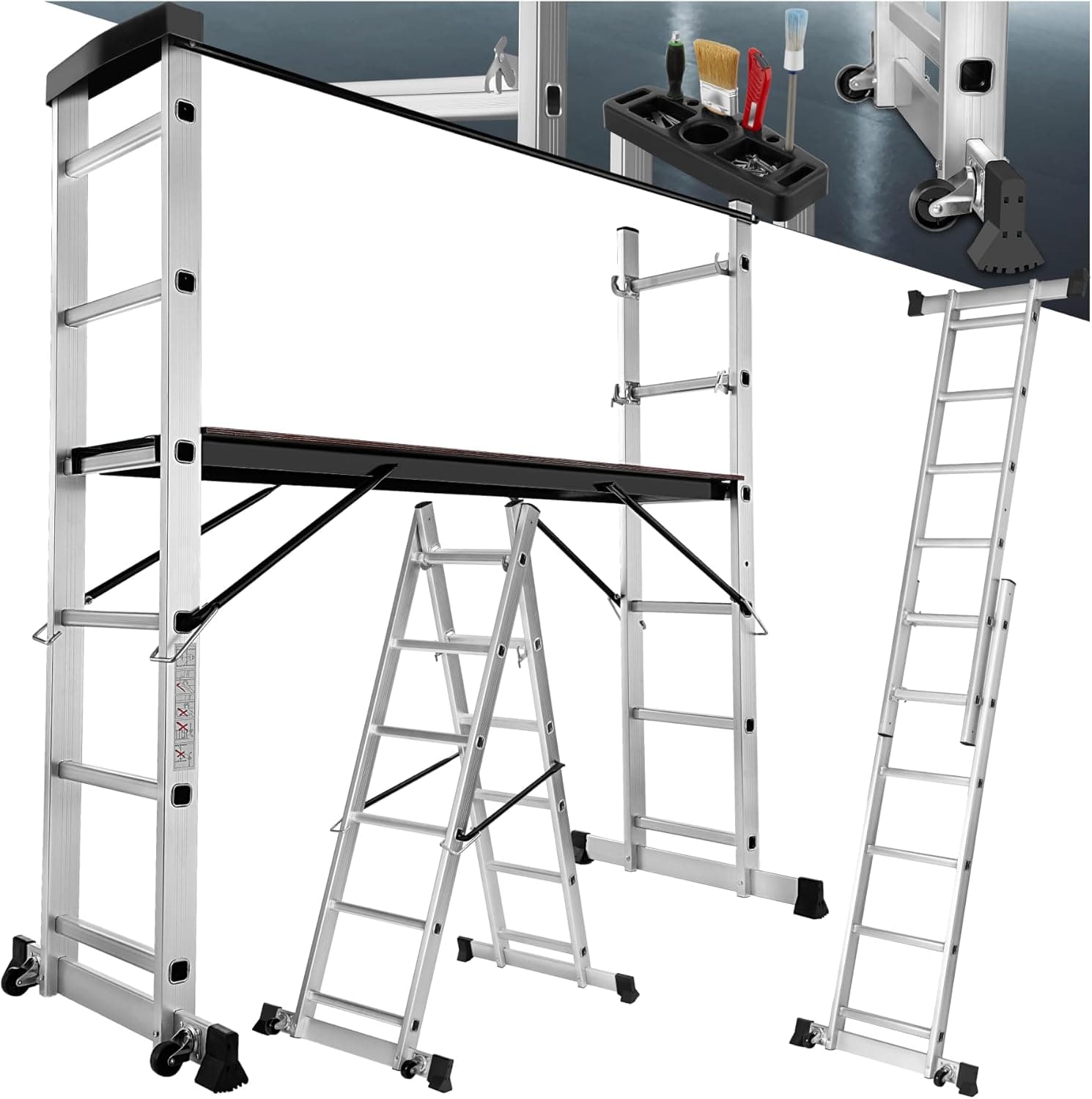 tectake® Escada dobrável alumínio, escada telescópica multiusos 4 em 1: Escada extensível, escada de tesoura, andaime simples, andaime para desníveis, com rodas, estável, carga máxima. 150 kg