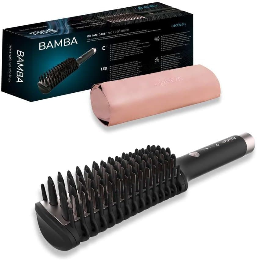 Cecotec Escova de alisamento Bamba InstantCare 1200 Look Brush. 56 W, revestimento de cerâmica e urmalina, controlo de temperatura de 120 °C - 180 °C, aquecimento em 60 °C, saco de viagem