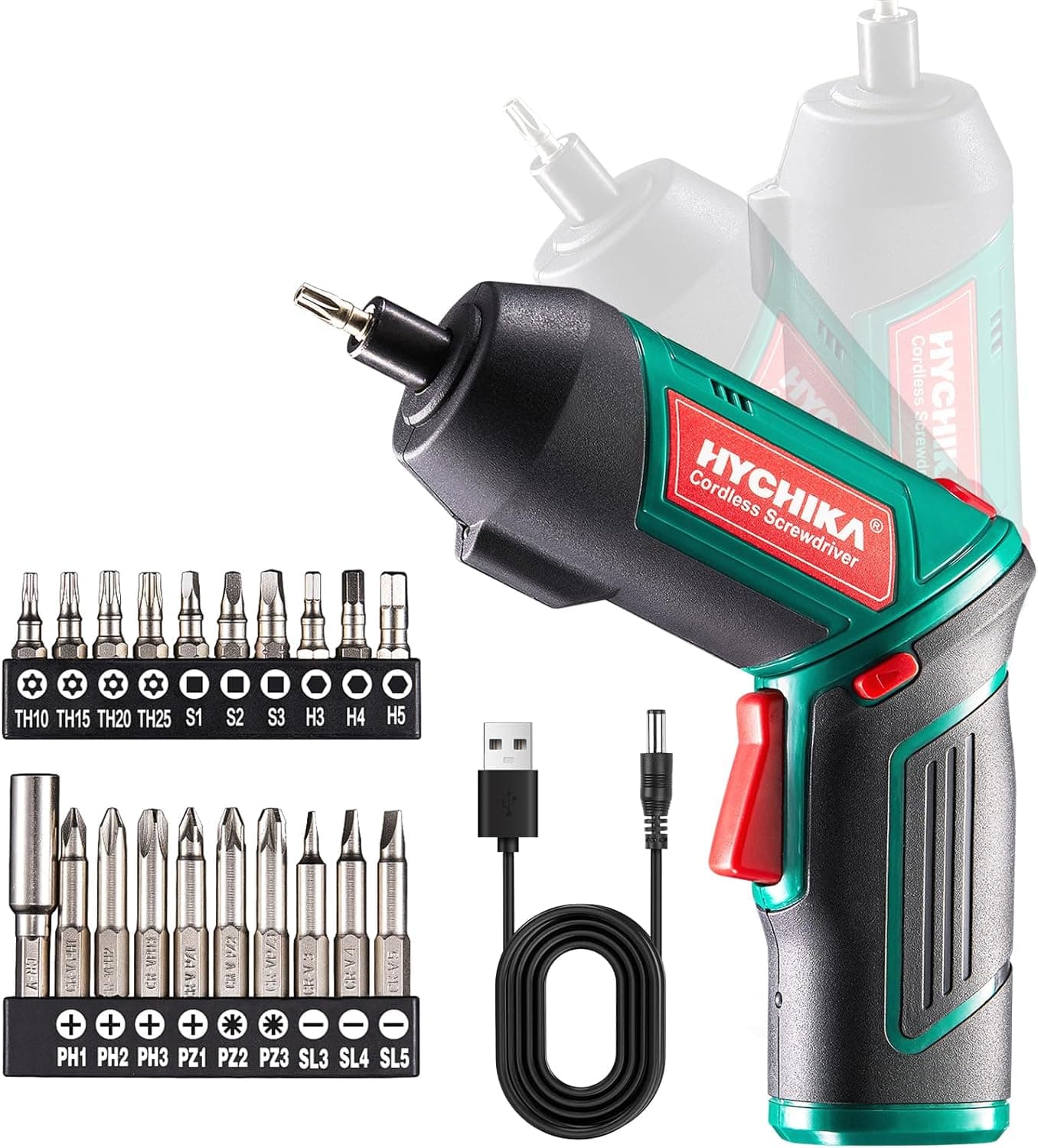 HYCHIKA Aparafusador elétrico de 6 N.m., chave de fendas sem fios (máximo torque de 6 N.m, 3,6 V, 2,0 Ah) lanterna de luz LED, chave dentada, carregador com cabo USB, 36 acessórios e estojo portátil