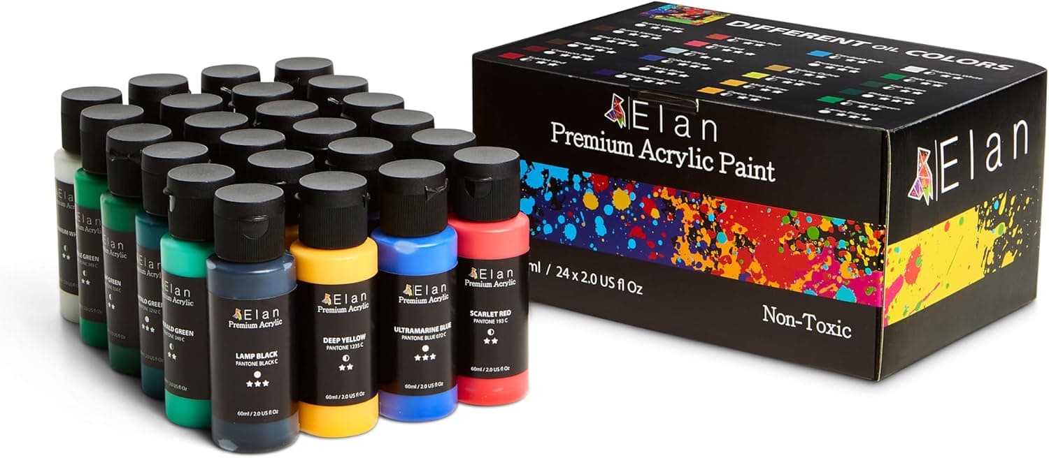 Elan Tintas acrílicas para tela, 24 garrafas de pintura acrílica 60 ml, conjunto de pintura acrílica manual, kit pintura acrílica