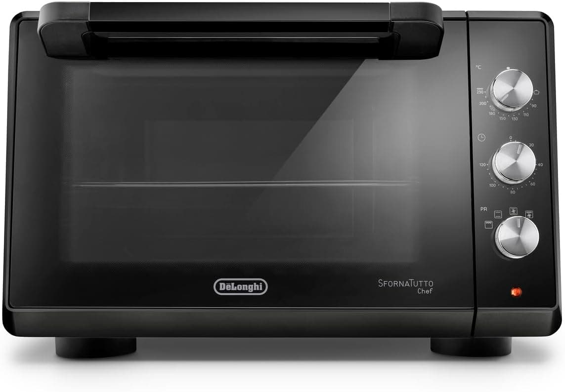 De'Longhi Sfornatutto Chef EO34302 Forno elétrico ventilado com 4 níveis de cozedura de 34 l, fritadeira de ar, porta de vidro duplo, temperatura 80-230 °C, temporizador de 120, inclui bandeja e