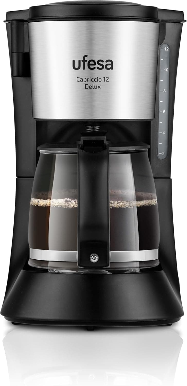 Ufesa Capriccio Delux Cafeteira de gotejamento, 12 chávenas, 680 W, jarro de 1,2 l, filtro permanente, placa de aquecimento anti-aderente, sistema anti-gotejamento, auto-desligado, acabamentos Inox